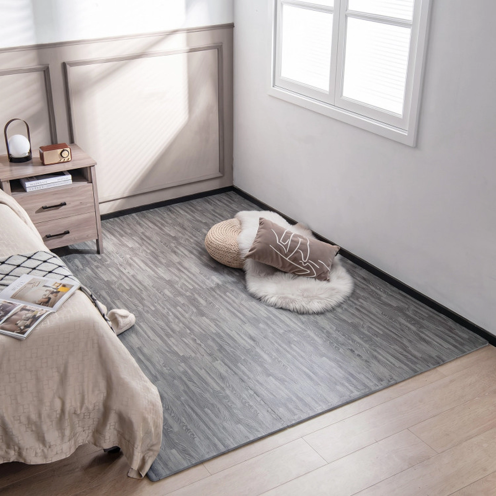 SUGIFT Gray 25-Tile 100-sq ft Wood Grain Interlocking EVA Foam Floor Mats with 50 Seamless End Borders