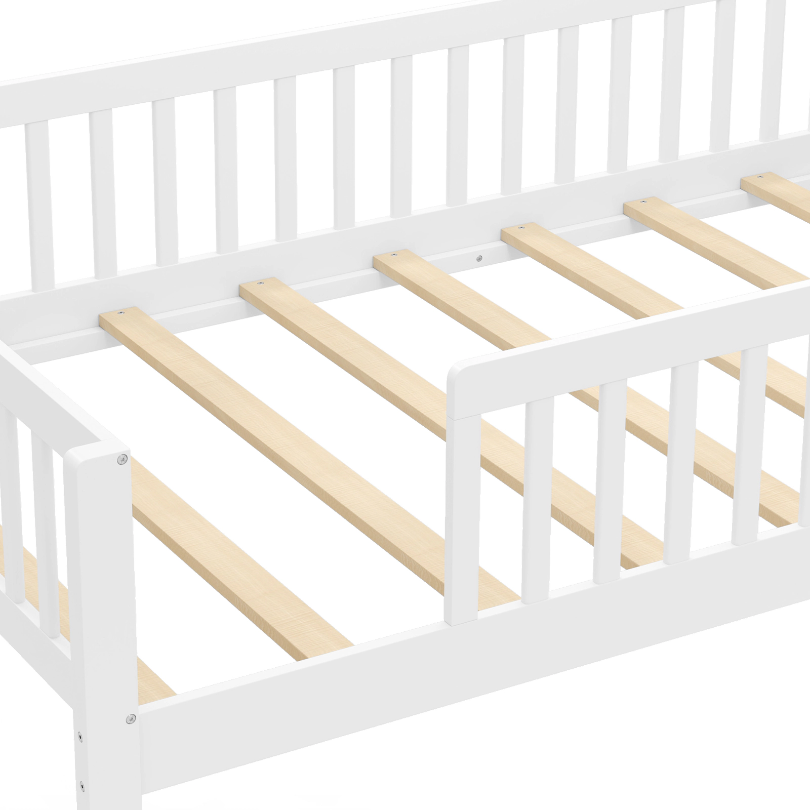 LJG Twin Size Kids Montessori Bed with House-Shaped Headboard and Built-in Storage Shelf