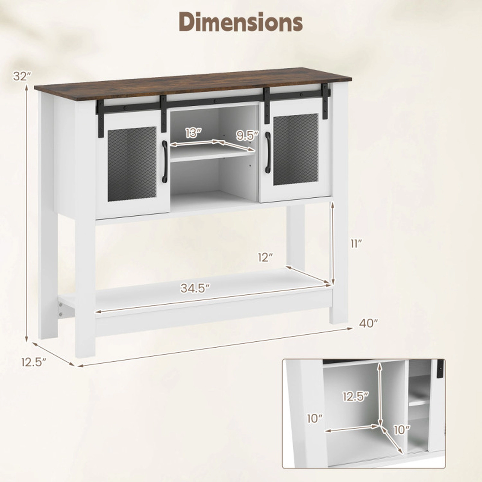 SUGIFT 40-in 150-lb Capacity Rustic Brown Console Table with 2 Sliding Barn Doors and Adjustable Shelf