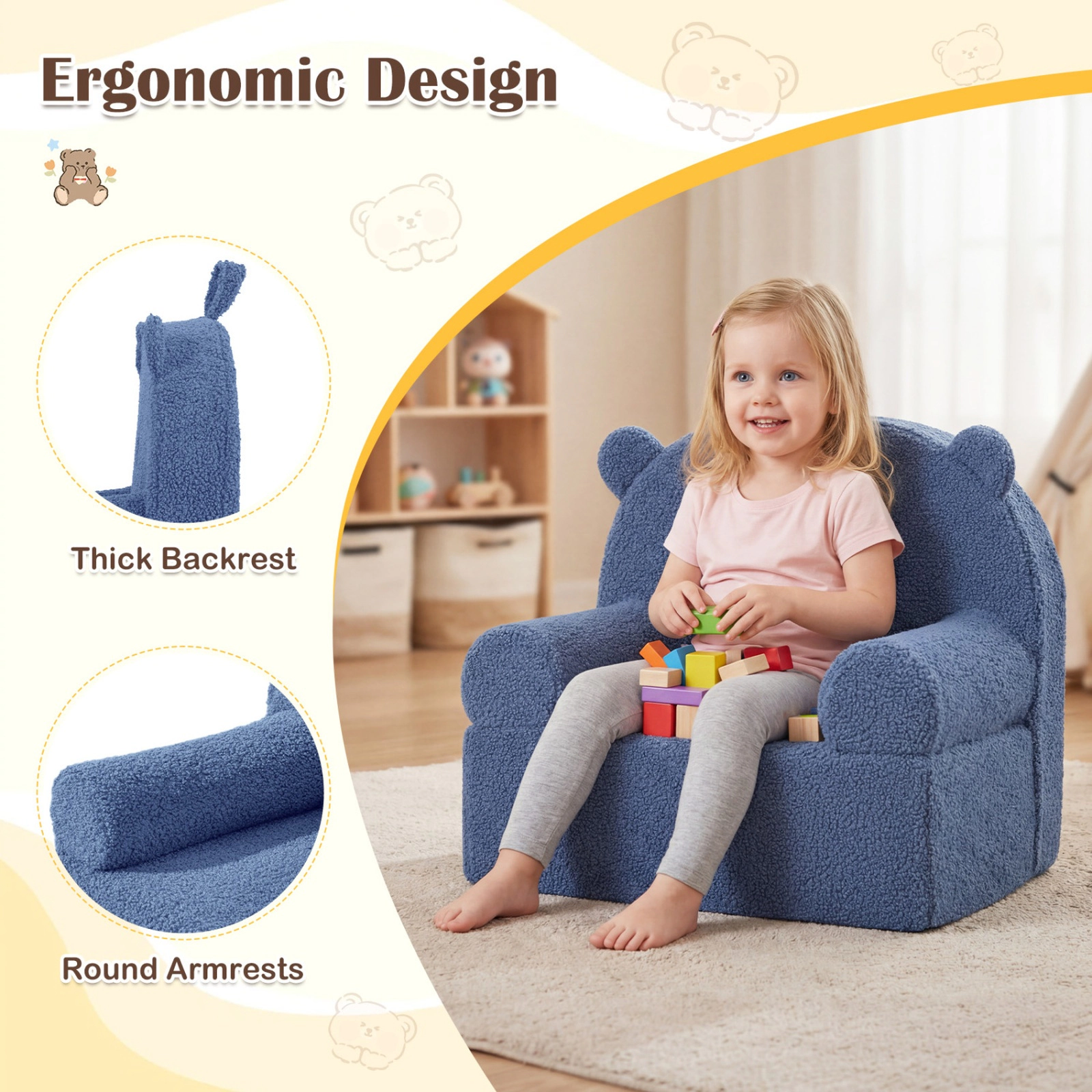 SUGIFT Kids Bear Foam Sofa Chair with Teddy Fleece Fabric Cover 20 x 16 x 18 in Ages 3+ Navy Single Seat