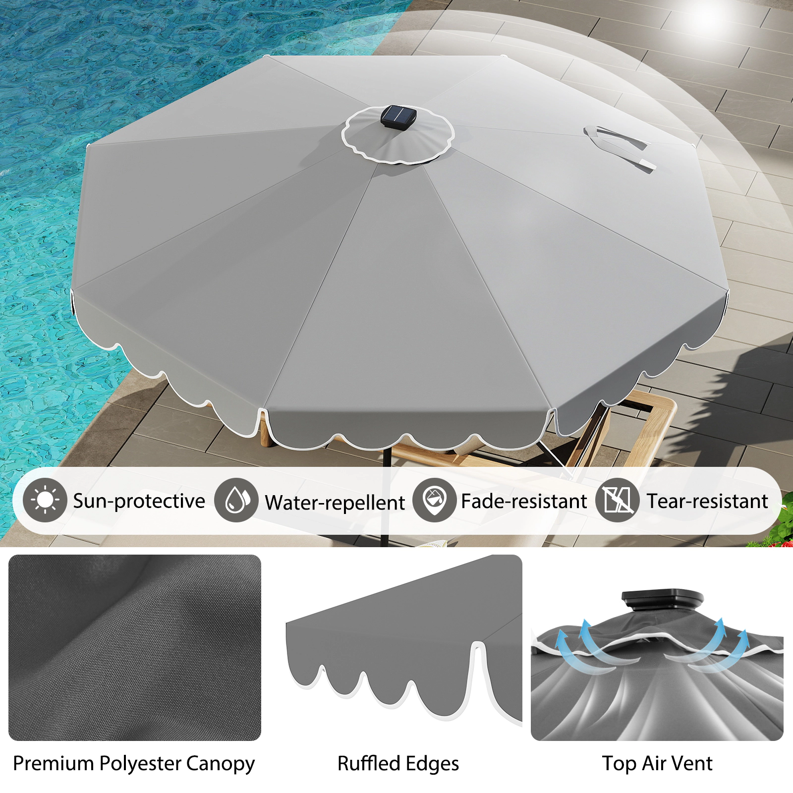 SUGIFT 10-ft Gray Solar LED Patio Umbrella with 24 Lights Push-Button Tilt and Vented Ruffled Canopy