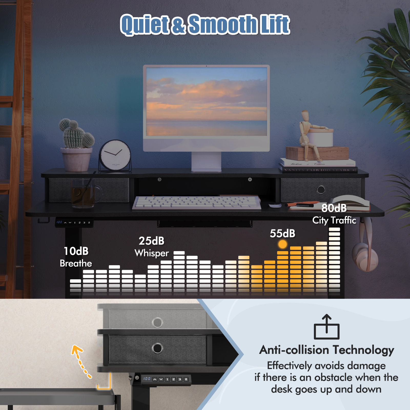 SUGIFT 48-in Black Electric Sit to Stand Desk with Full Width Shelf 2 Fabric Drawers and 3 Memory Heights