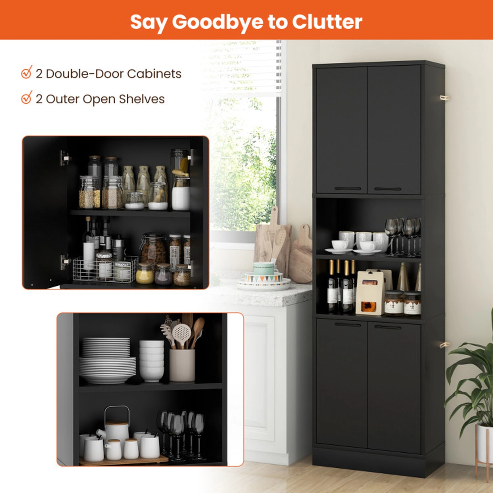 SUGIFT 75-in Slim Engineered Wood 4 Doors 2 Open Shelves Kitchen Pantry Cupboard 22-in x 12-in 300-lb Capacity Black