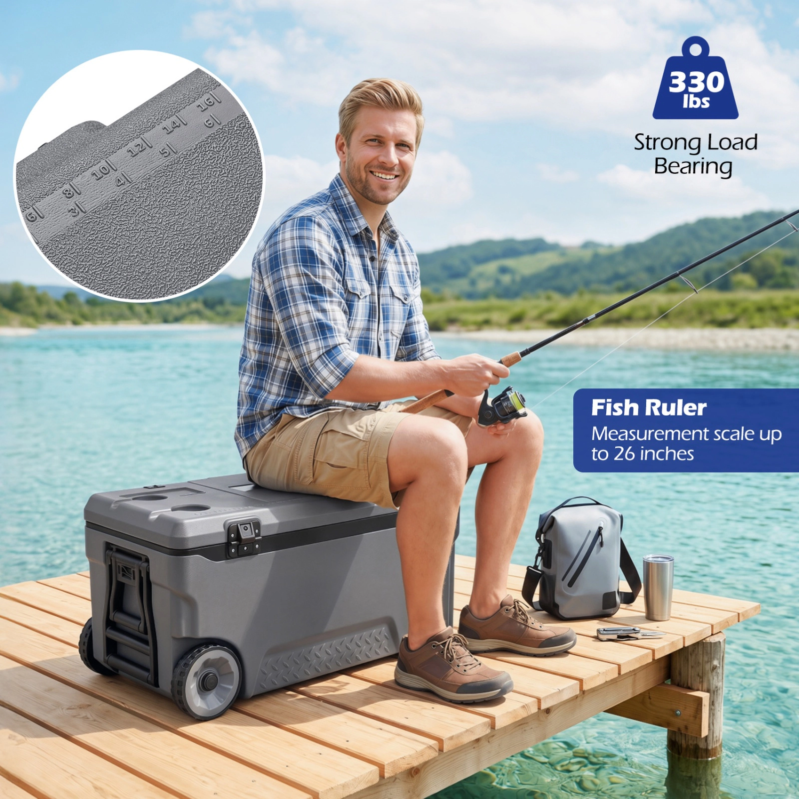 SUGIFT 74 Quart Rolling Cooler with Fish Ruler 330-lb Load Capacity Hard Side Ice Chest with Cup Holders and Wheels