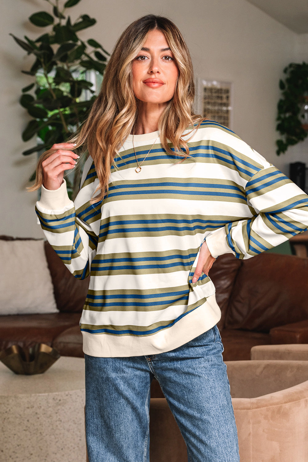 Threaded Pear Women's Rose Stripe Crew Neck Pullover Sweatshirt