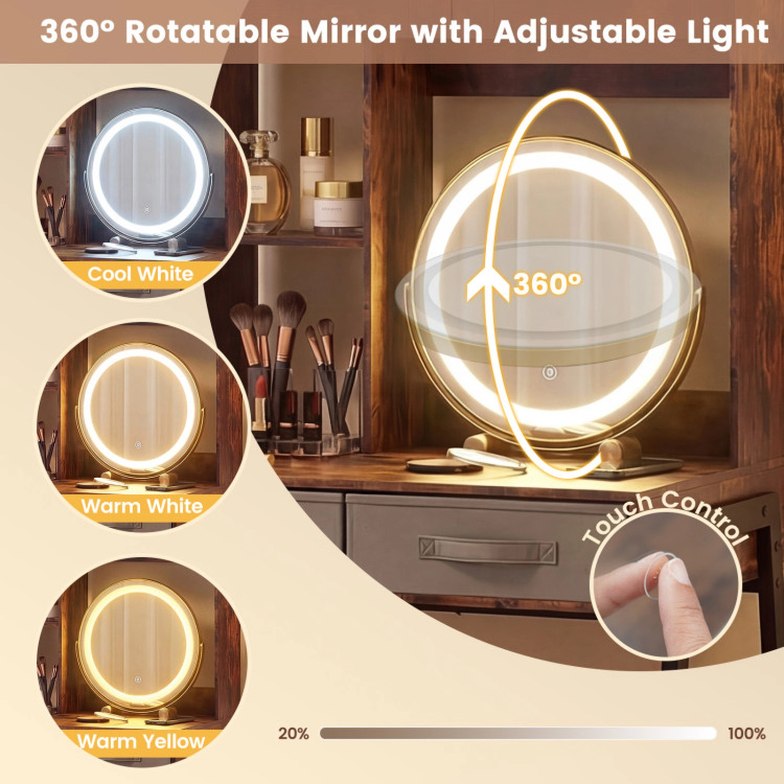 SUGIFT 67 in Vanity Desk with Rotating 16 in Mirror, Dimmable Lights and Storage