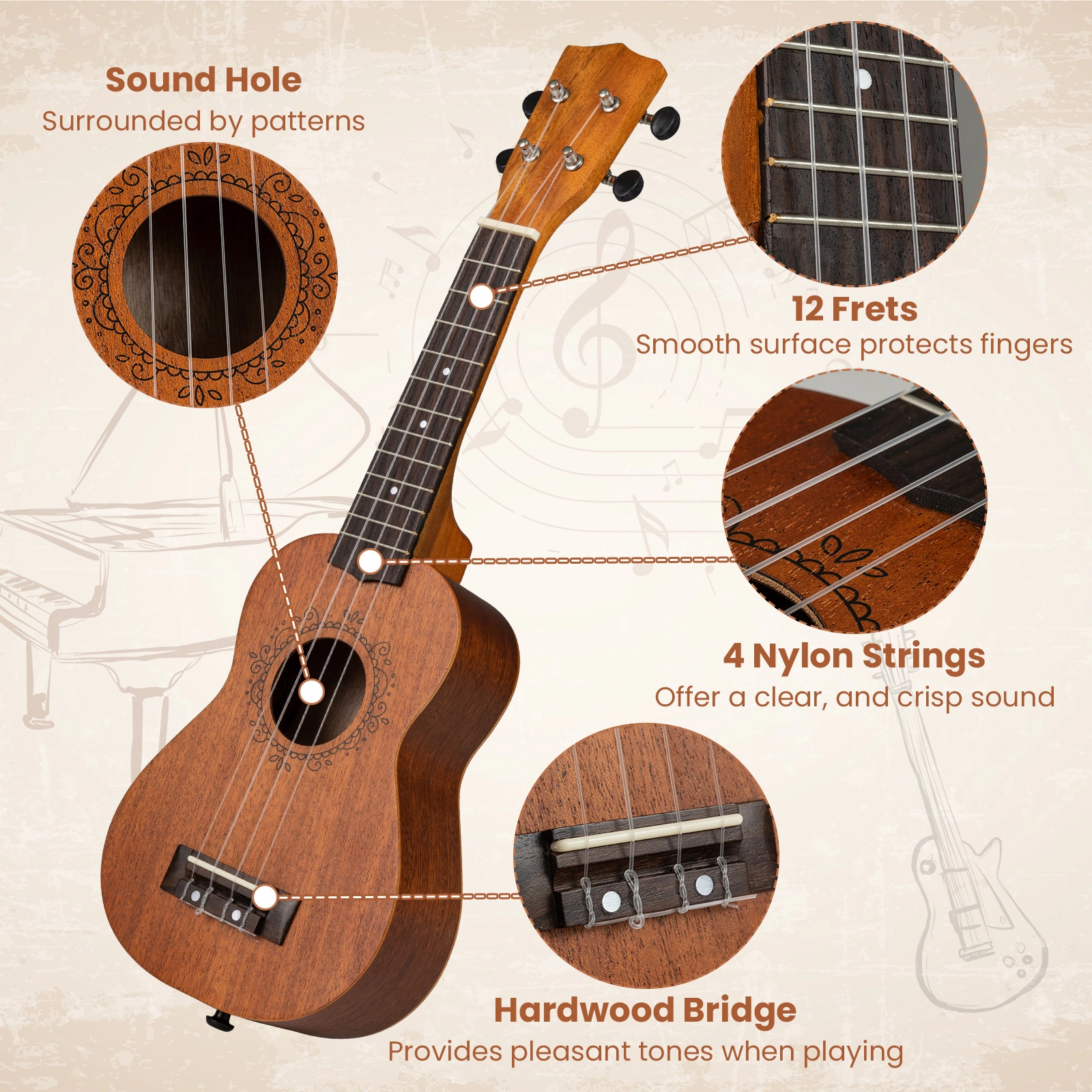 SUGIFT 21-in Soprano Mahogany Ukulele Set Gig Bag Strap Pick 4 Nylon Strings 12 Frets 1.5-lb Natural