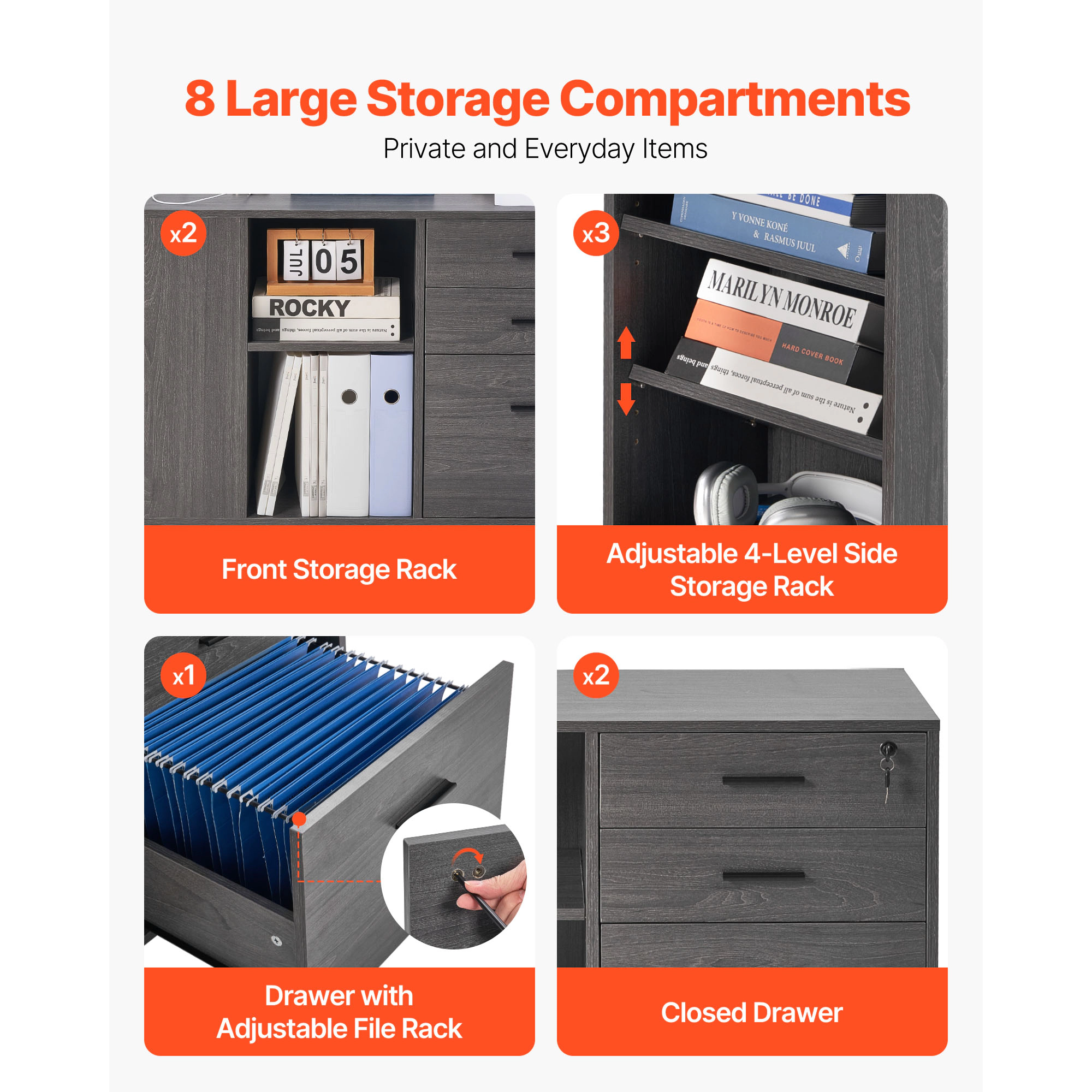 HONGGE 3-Drawer Wood File Cabinet with Lock & Power Strip, Rolling Storage Cabinet with Adjustable Shelves, Gray