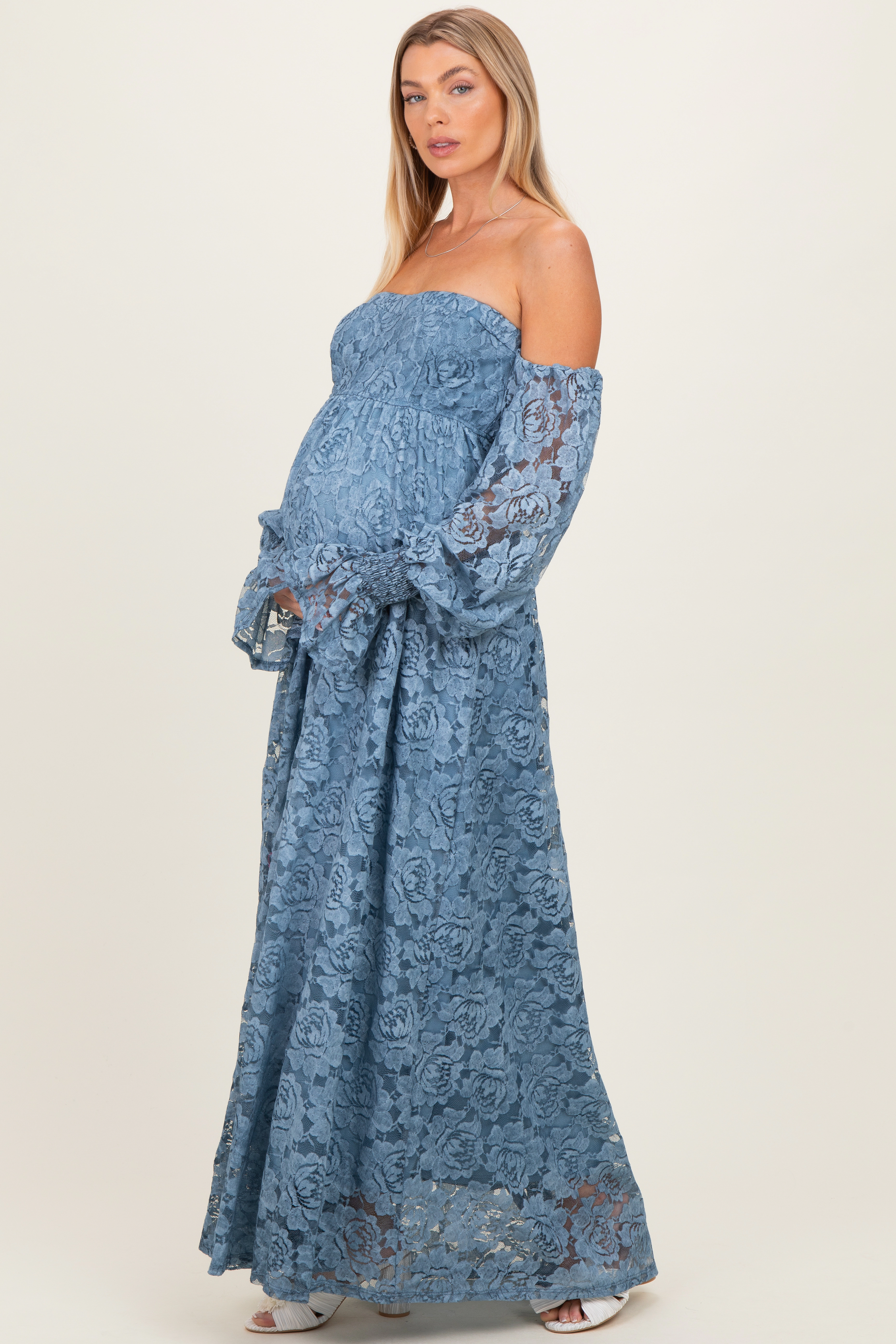 PinkBlush Womens Blue Lace Off Shoulder Long Sleeve Maternity Maxi Dress