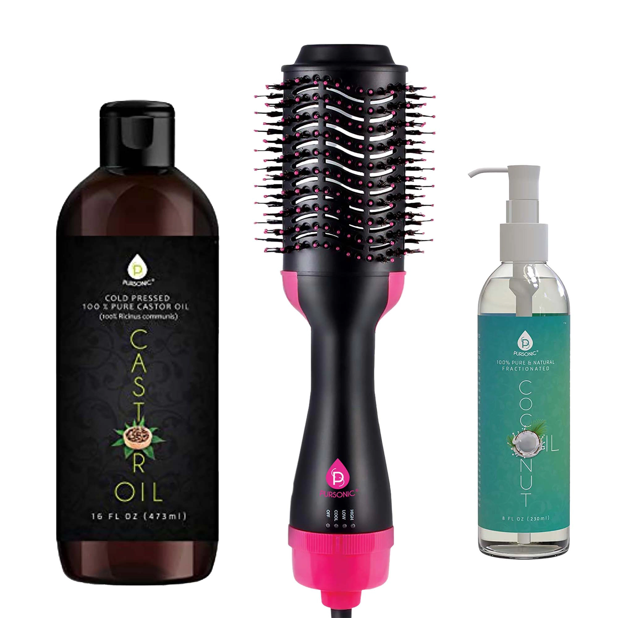 Pursonic Women's Hair Care & Styling Bundle: Fractionated Coconut Oil, Hair Dryer Volumizer Brush & Castor Oil