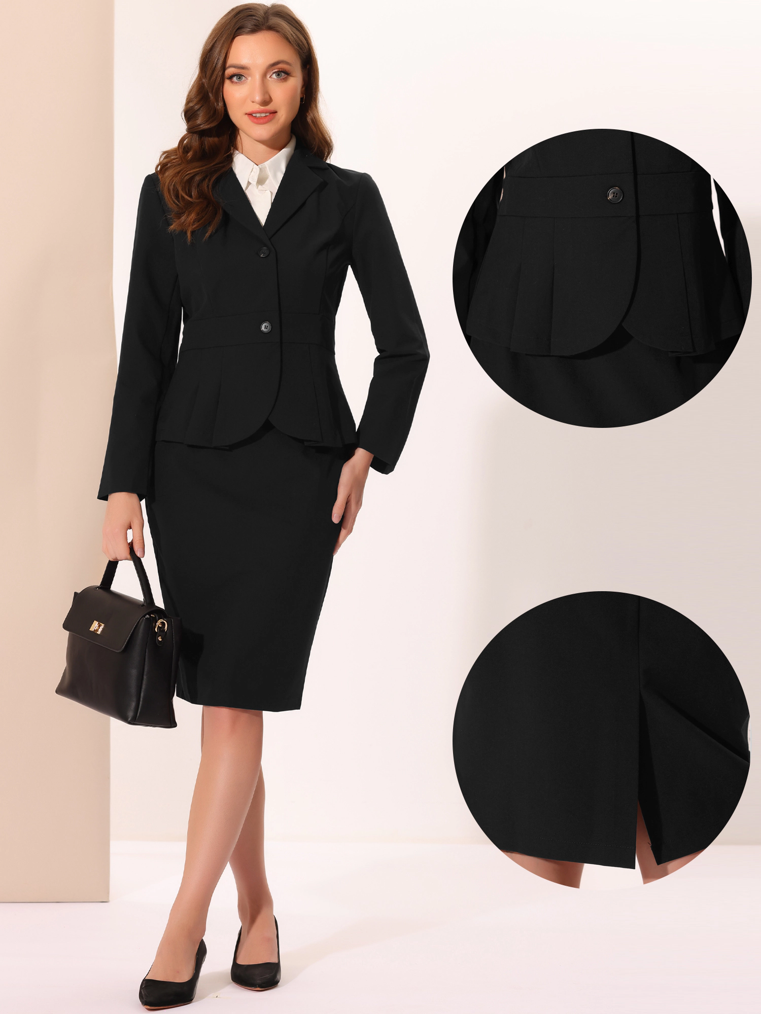 INSPIRE CHIC Women's 2 Piece Long Sleeve Lapel Peplum Blazer Pencil Business Skirt Suit Set