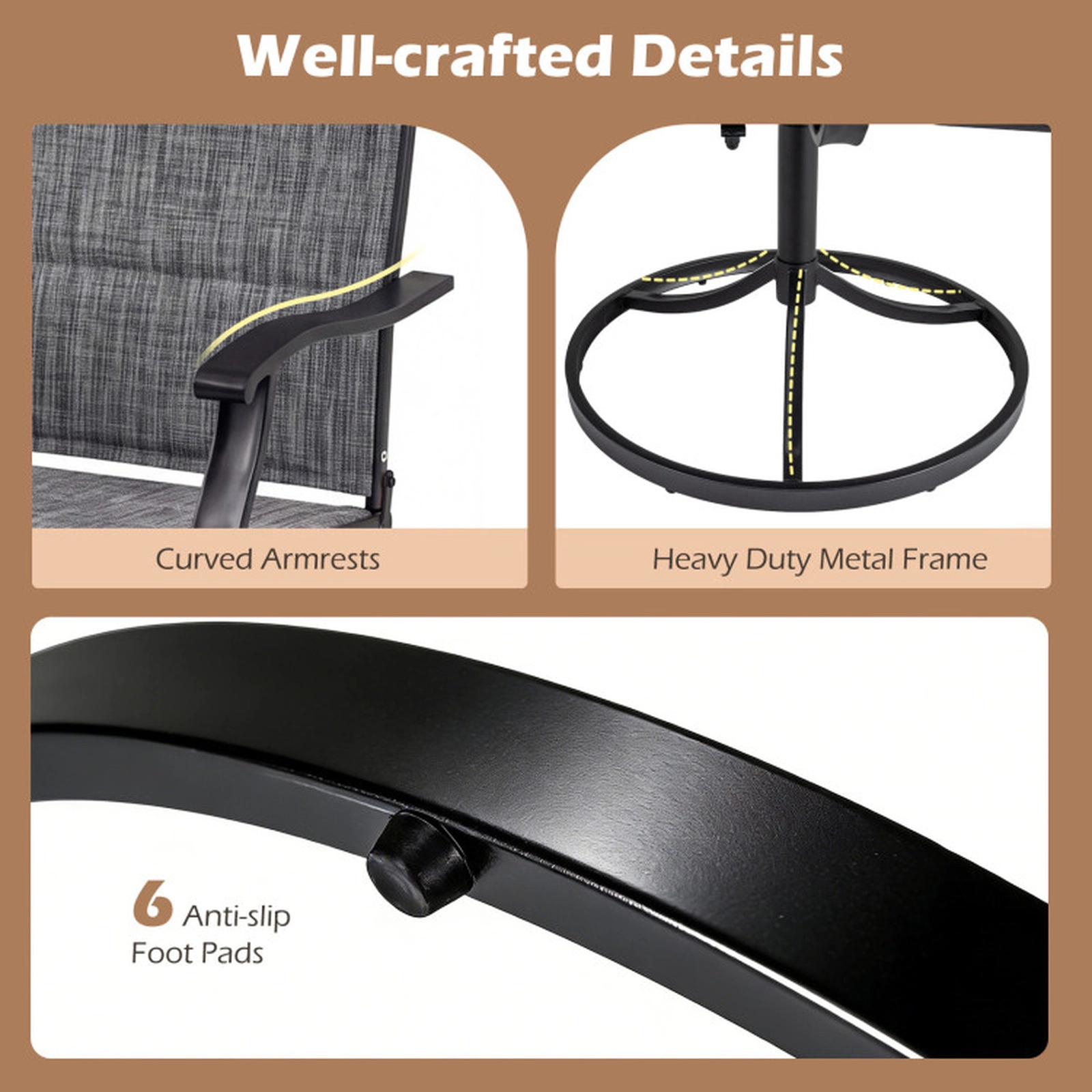 SUGIFT Padded Patio Swivel Dining Chairs with 360-Degree Rocking Seat 330-lb Capacity Breathable Fabric Gray