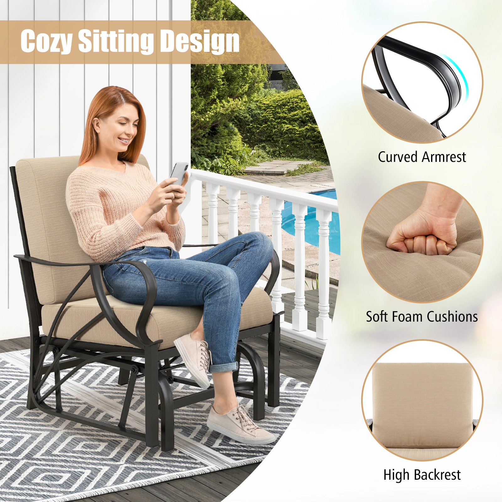 SUGIFT Tan Outdoor Patio Glider Chair with Cushioned Seat and Curved Armrests