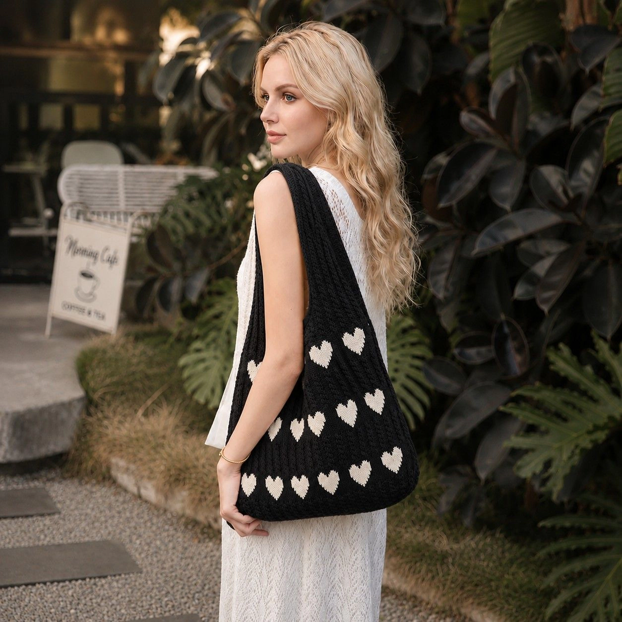 Alilang Women's Knitted Heart Tote Bag Large Capacity Casual Shoulder Lightweight Daily Bag, Ivory