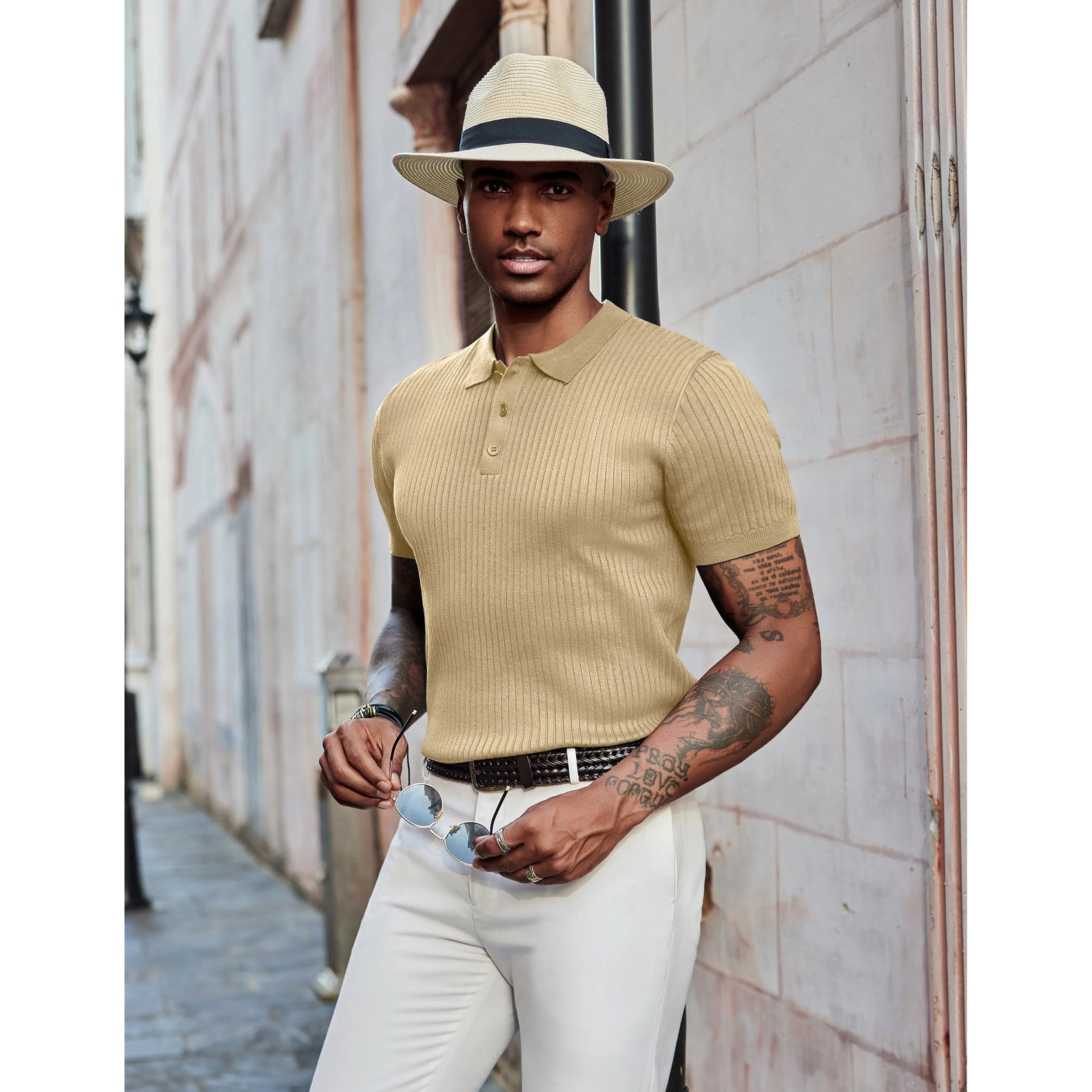 COOFANDY Men's Regular Fit Ribbed Knit Short Sleeve Polo Shirt