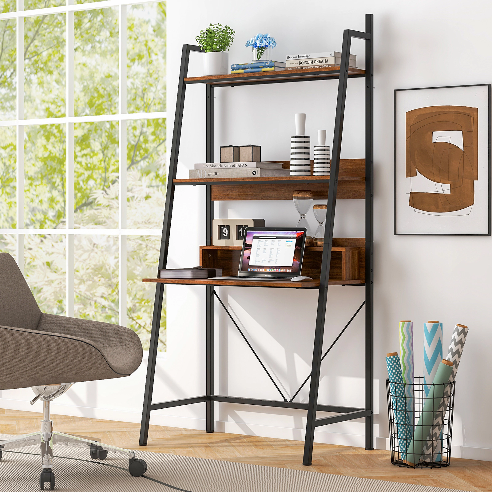 SUGIFT 71-in High Freestanding Laptop Desk with Open Shelves 34 x 20 x 71-in Frame 180-lb Capacity Rustic Brown + Black