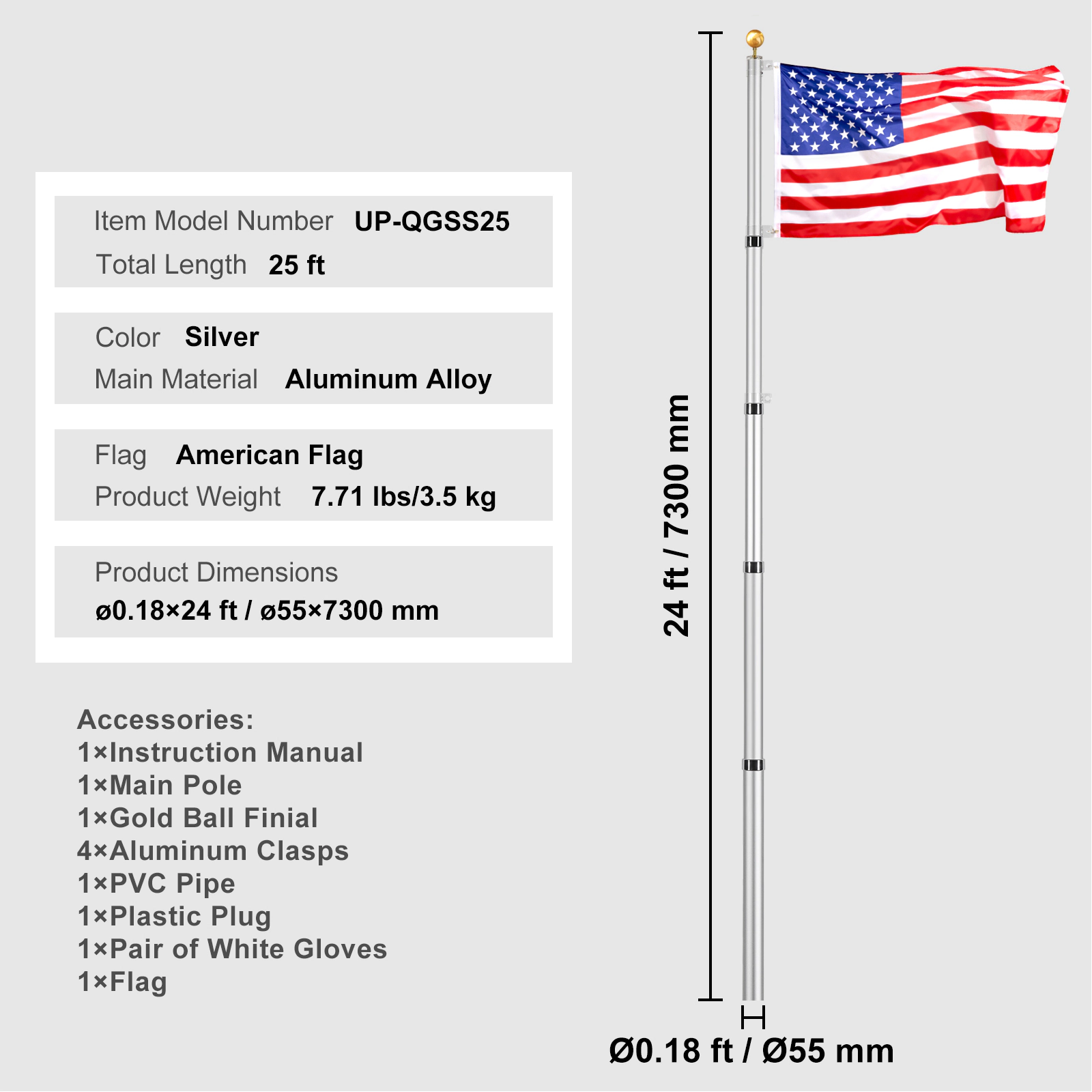 HONGGE 25 ft Telescoping Flag Pole Kit, Heavy Duty Aluminum with 3x5 American Flag, 3 Display Modes, Silver