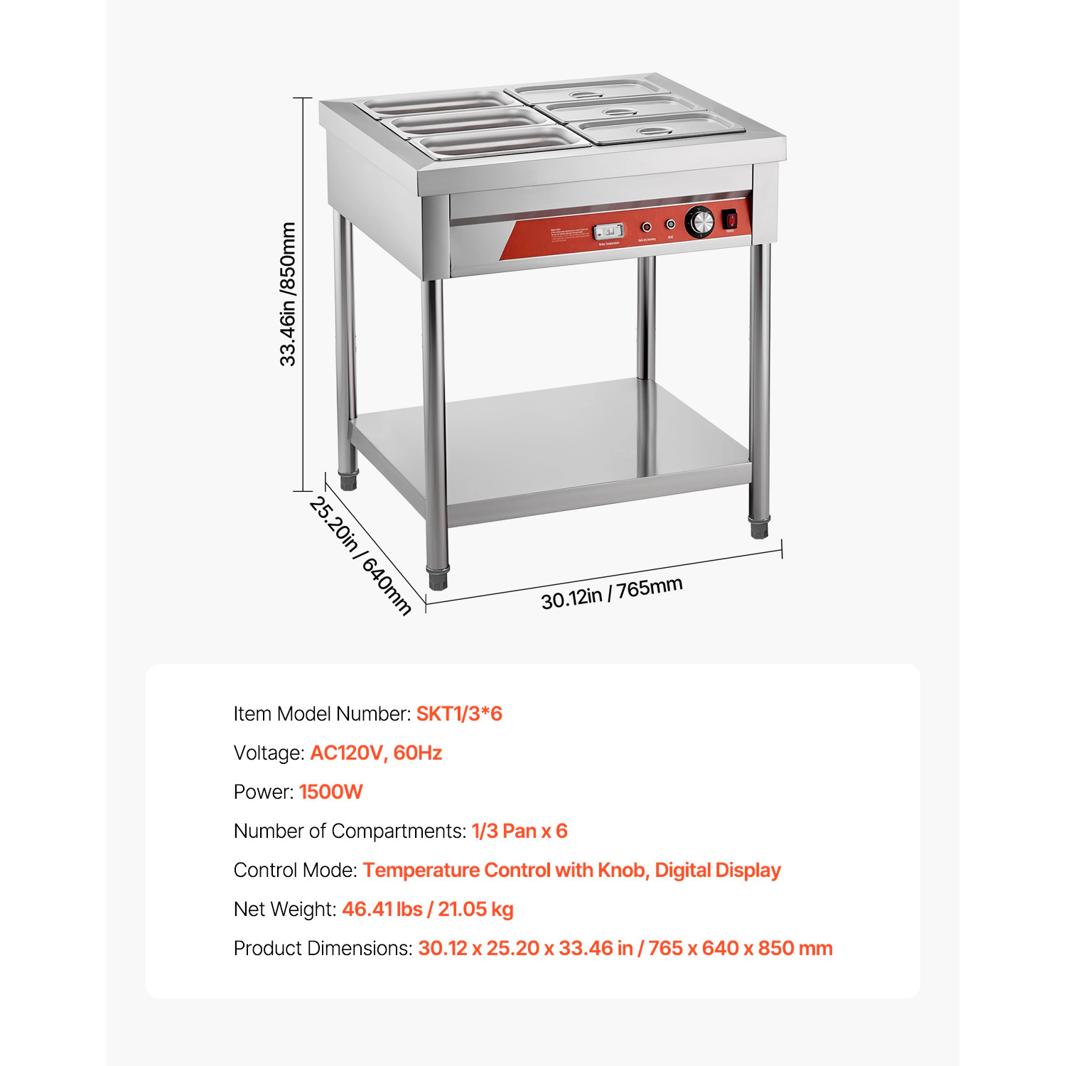 HONGGE Commercial Food Warmer Electric Steam Table 1500W Professional Buffet Catering Food Warmer with Undershelf