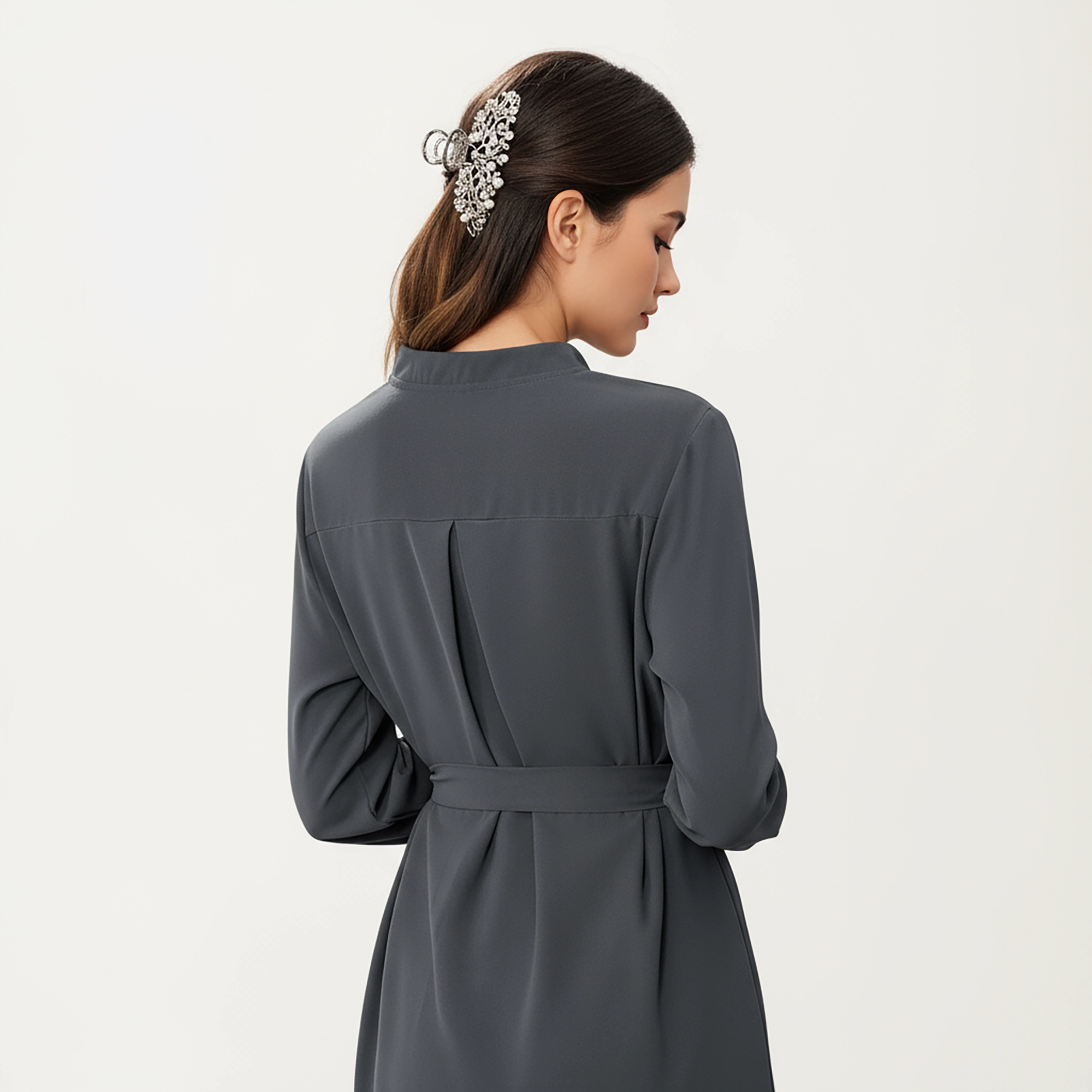 Anna-Kaci Women's Button Front Soft Drape Tie Waist Detail Smooth Structured Collarless Neckline Finish Dress