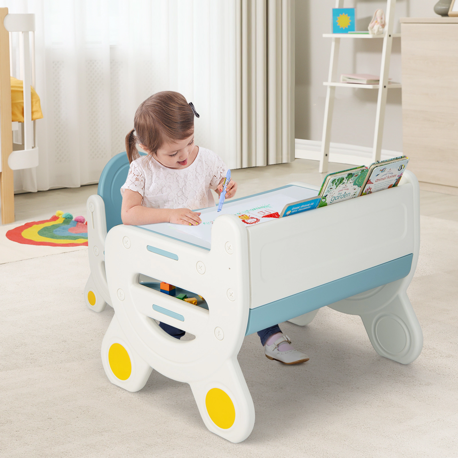 SUGIFT Kids Drawing Table and Chair Set with Watercolor Pens and Blackboard Eraser 110-lb Chair Capacity Ages 3-8 Blue