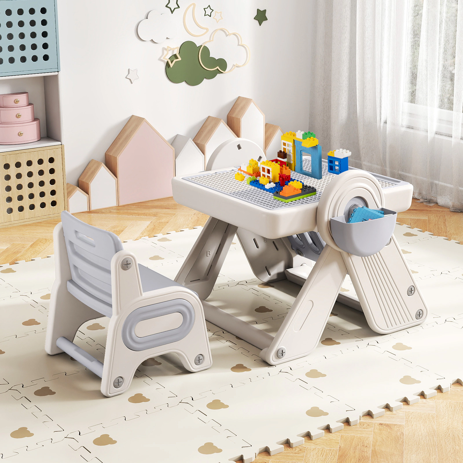 SUGIFT 6-in-1 Multi-activity Kids Table & Chair Set with Folding Art Easel 110-lb Capacity Ages 18+ Months Gray & Beige