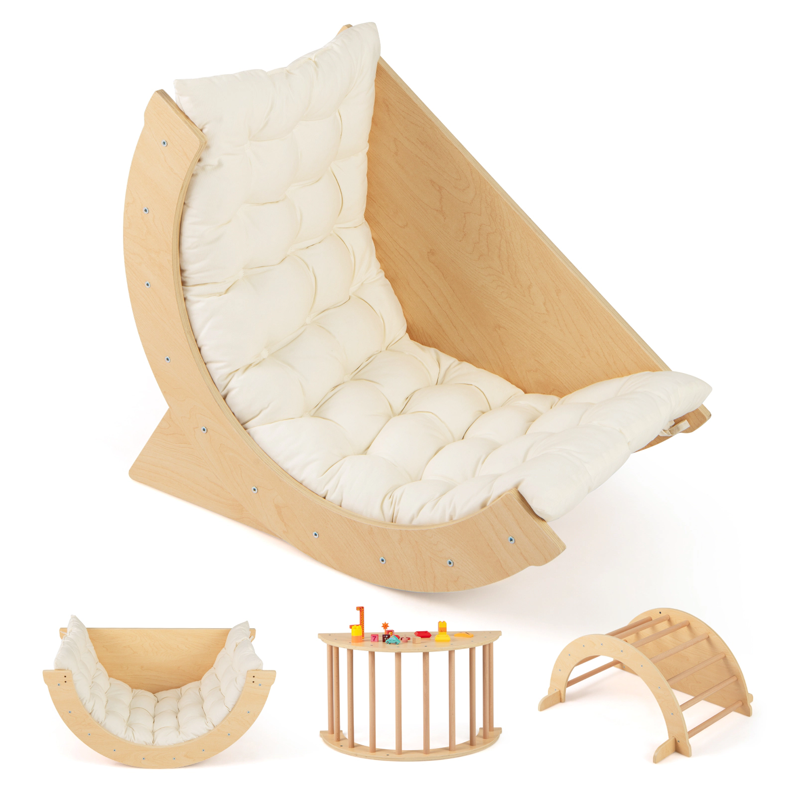 SUGIFT Beige Removable Cushion 31.5 Inch Kids Montessori Climbing Arch and Rocker