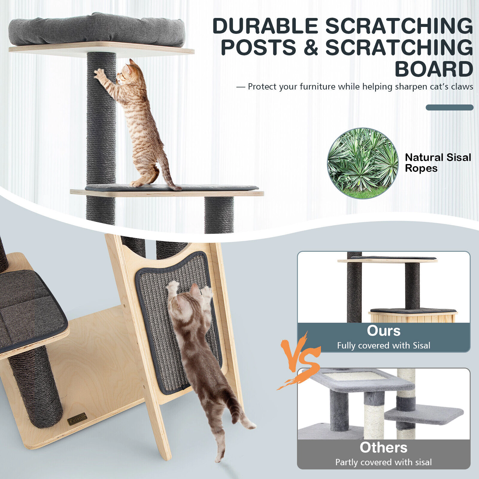 SUGIFT 69 in Wood Cat Tower Gray 5-Tier with Washable Cushions and Sisal Posts