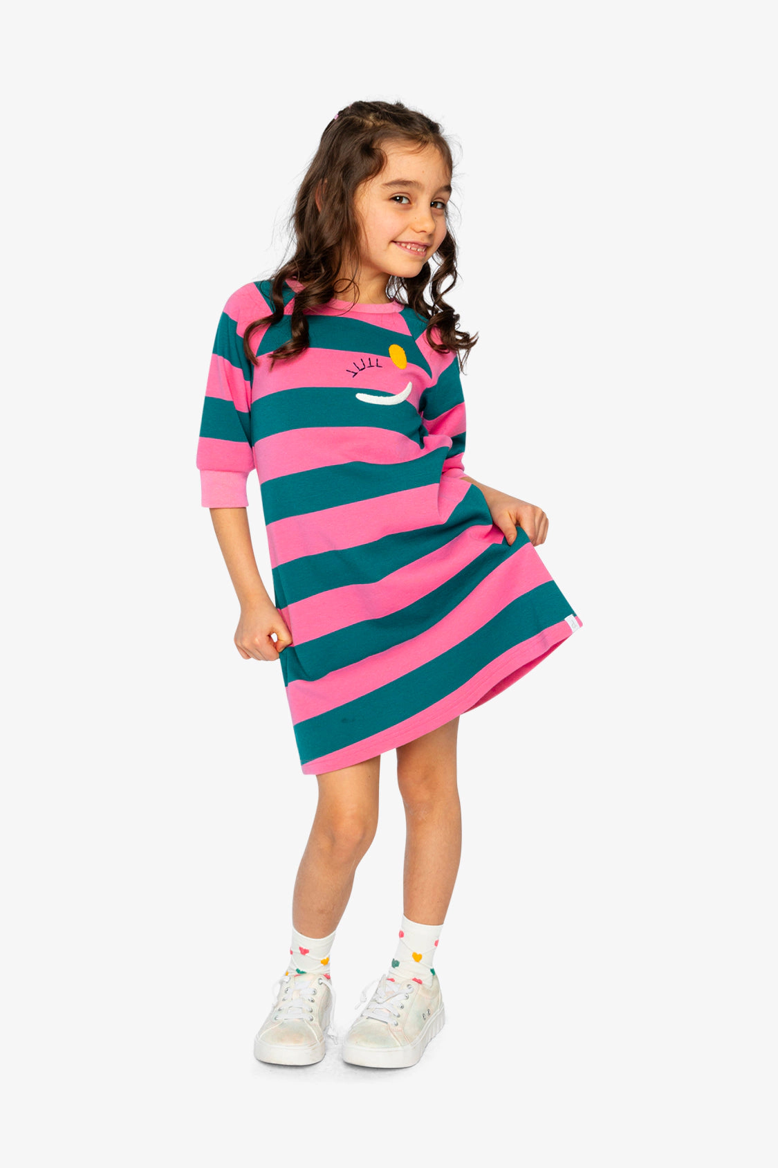 Deux par Deux Girls Embroidered Short Sleeve Engineer Stripe Dress