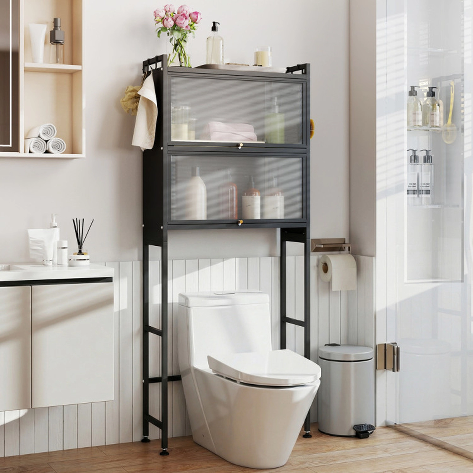 SUGIFT Over-the-Toilet Carbon Steel Bathroom Organizer with 2 Flip-Up Cabinets 33-lb Capacity Black