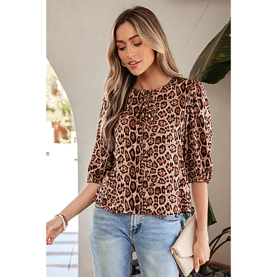 Threaded Pear Womens Promise Tie Puff Sleeve Leopard Blouse