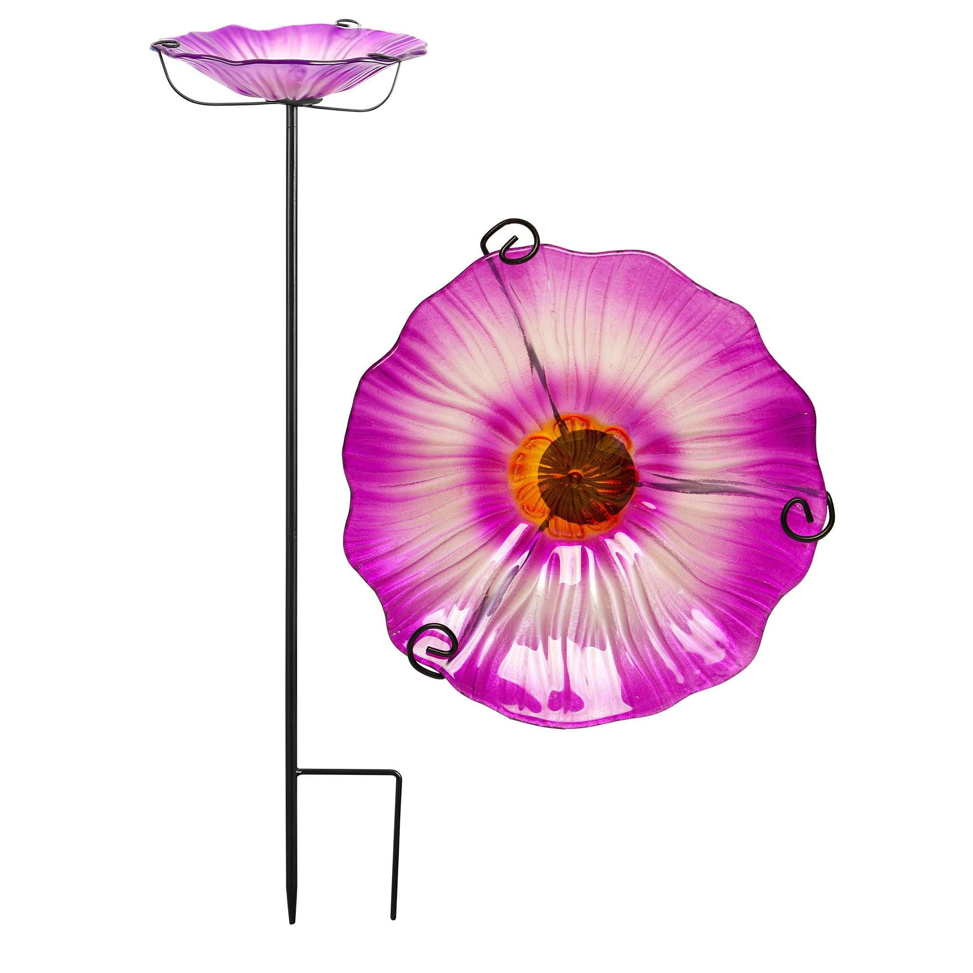 G128 29 Inch Glass Bird Bath with Metal Stake - Purple Flower Outdoor Garden Feeder