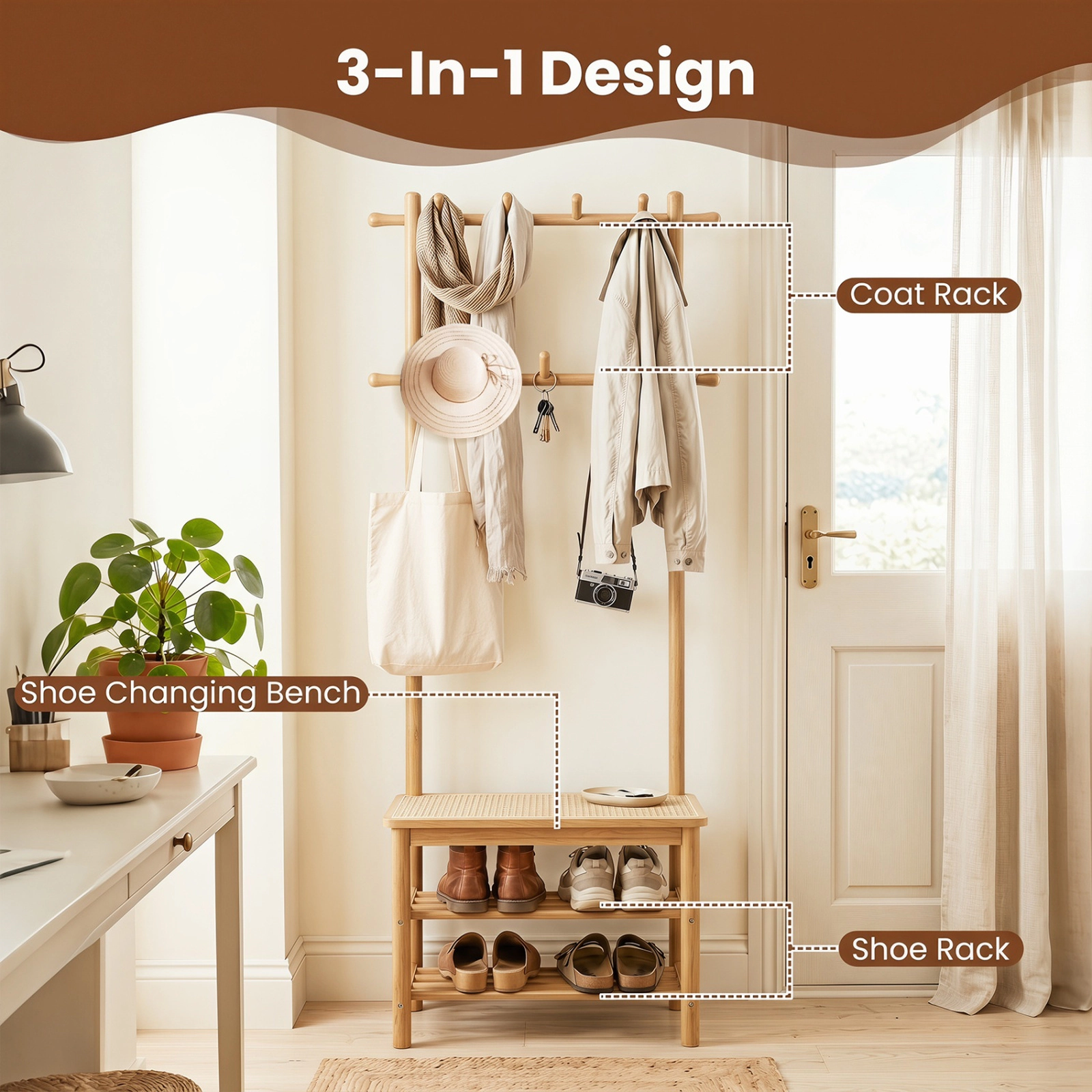 SUGIFT Bamboo Hall Tree Natural 3-in-1 Entryway Bench with PE Rattan Shoe Storage