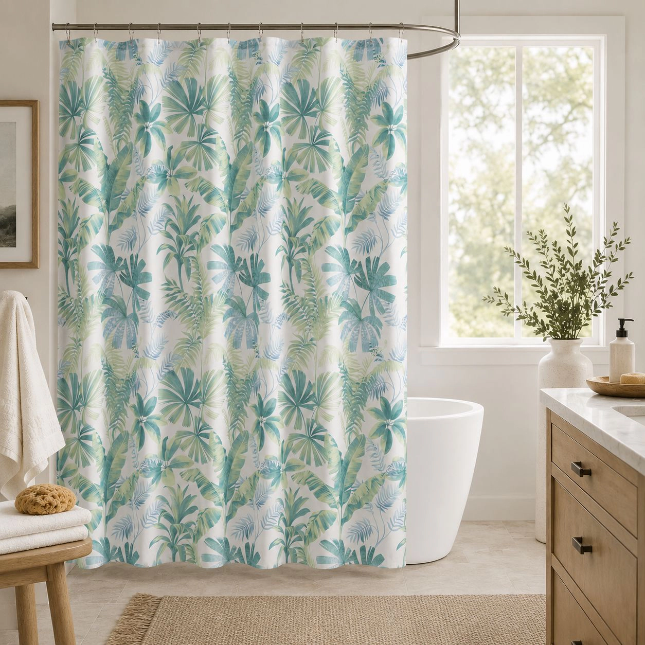 Kate Aurora Tropic Essentials Coastal Aqua Palm Fabric Shower Curtain