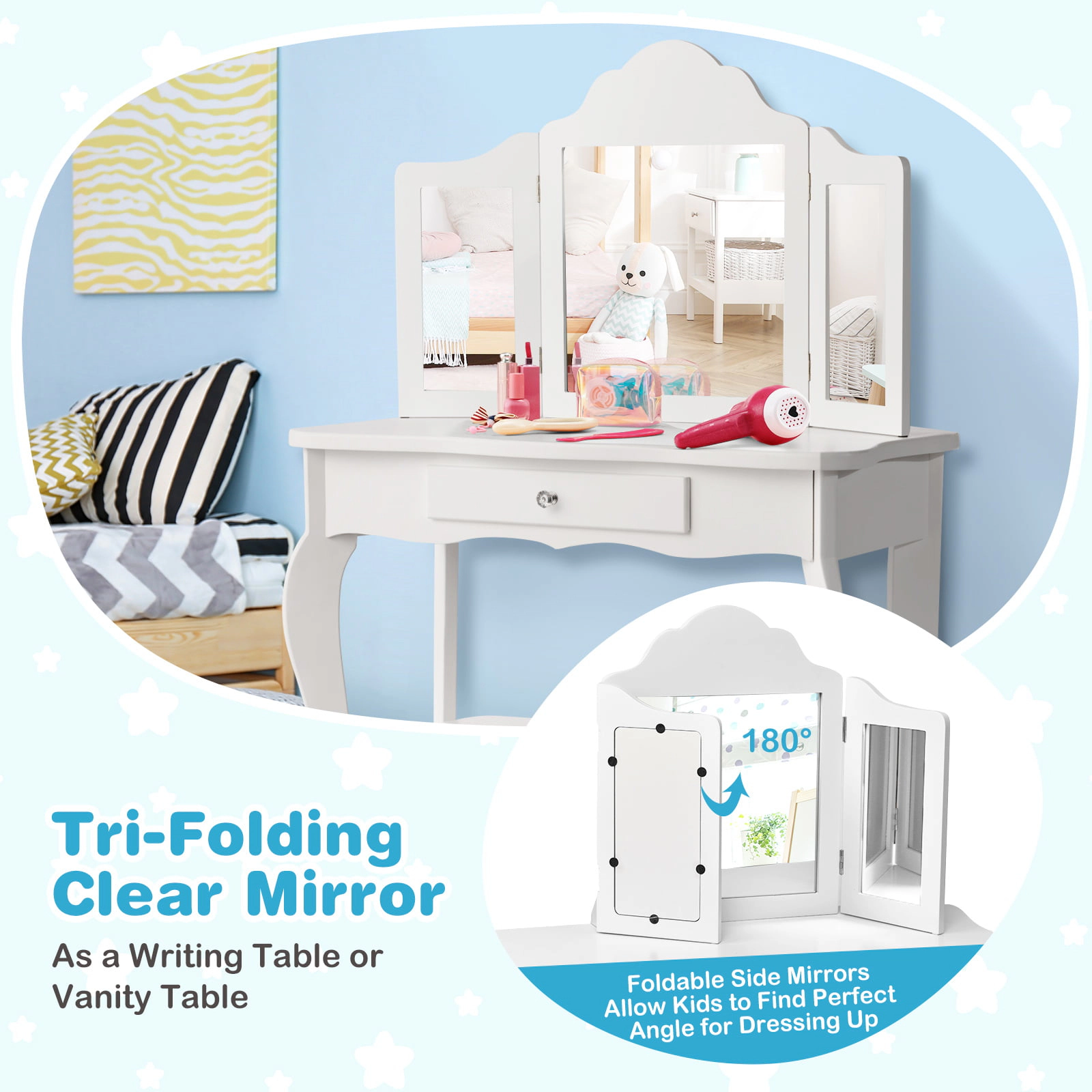 SUGIFT Kids Makeup Dressing Mirror Vanity Table & Stool Set 27.5-in Dresser 33-lb & 66-lb Capacity Pink/White 2-Piece