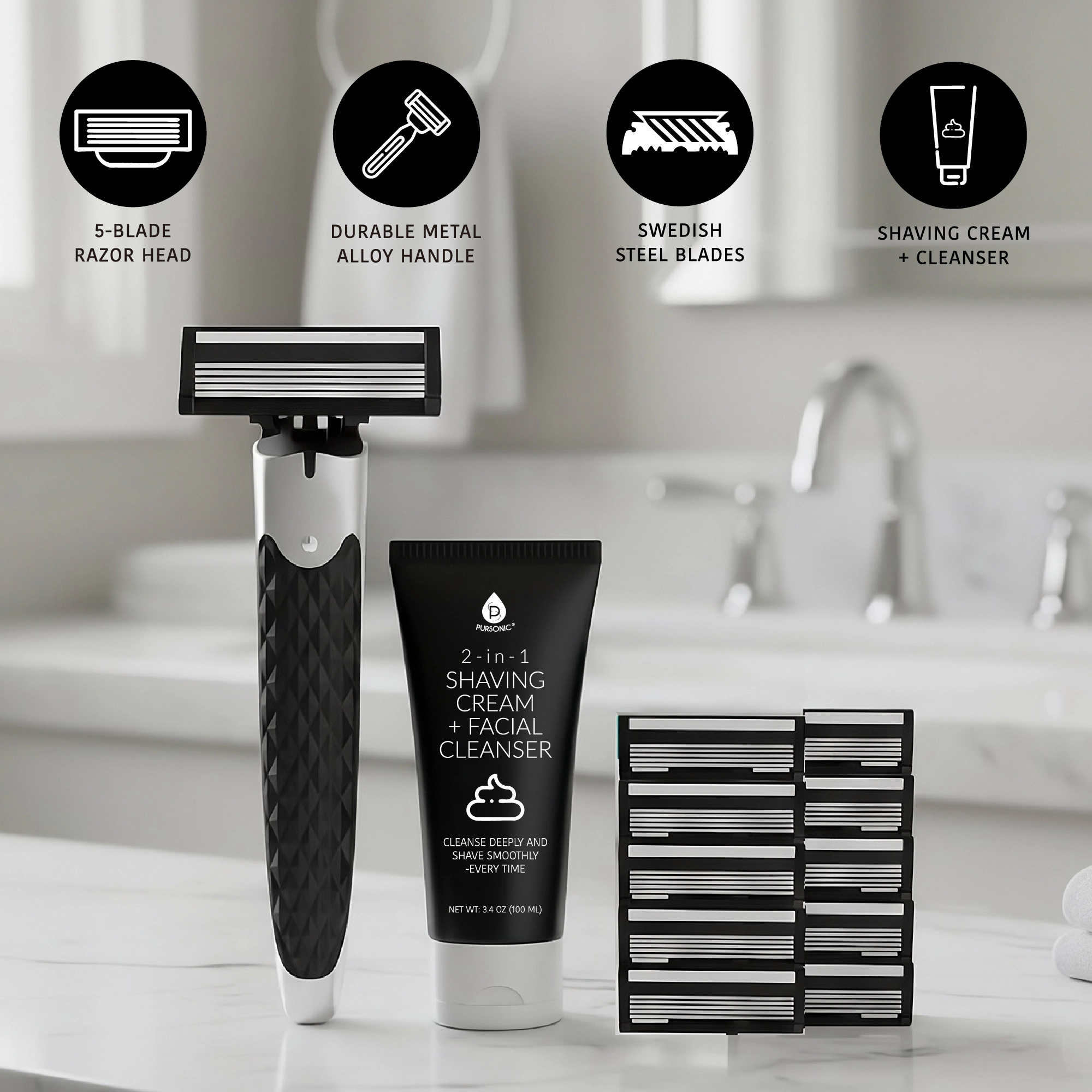 Pursonic Men’s Premium Shaving Kit: Alloy Metal Handle with Complete Grooming Essentials for a Superior Shave