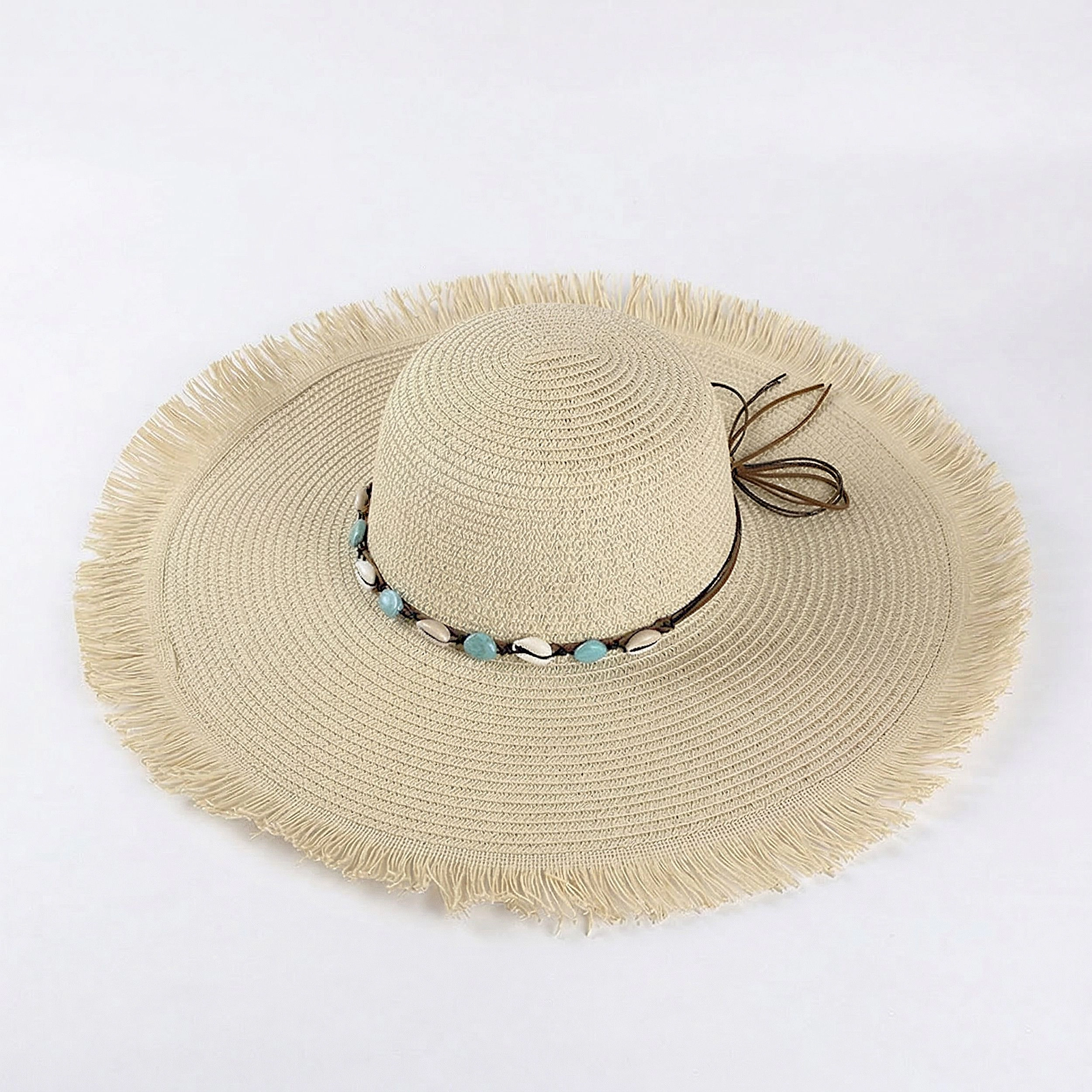 Anna-Kaci Women's Wide Brim Straw Sun Hat with Fringe Edge and Beaded Band Summer Beach Protection