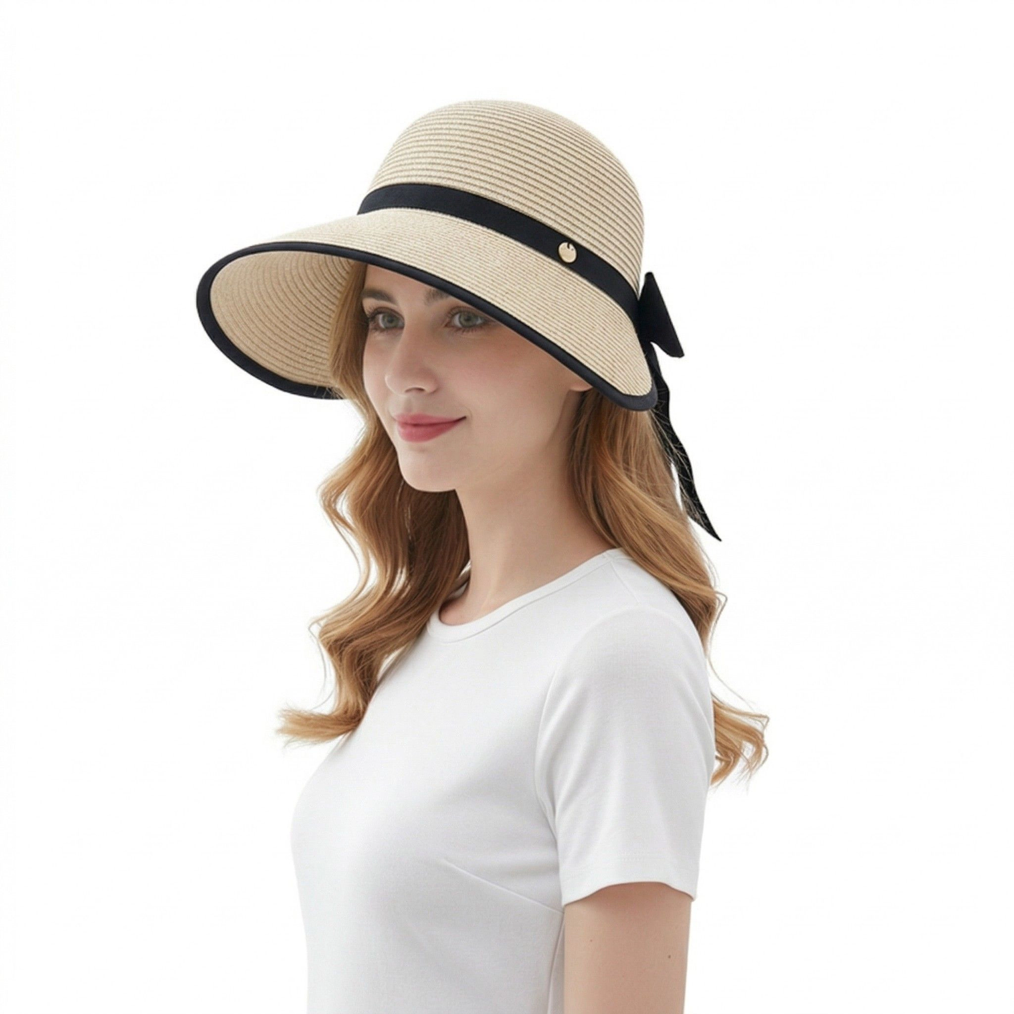 Anna-Kaci Women's Women Straw Sun Visor Hat Wide Brim Bow Ribbon Contrast Trim Adjustable Summer