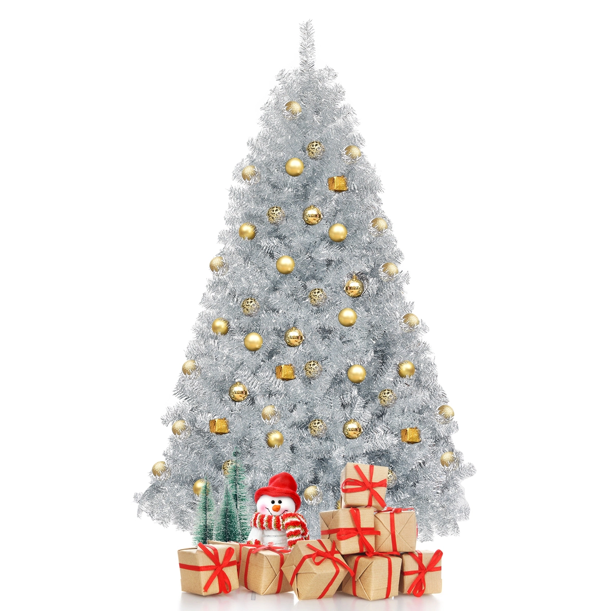 SUGIFT 6 ft Silver Tinsel Christmas Tree Unlit Hinged Artificial Xmas Tree with Metal Stand