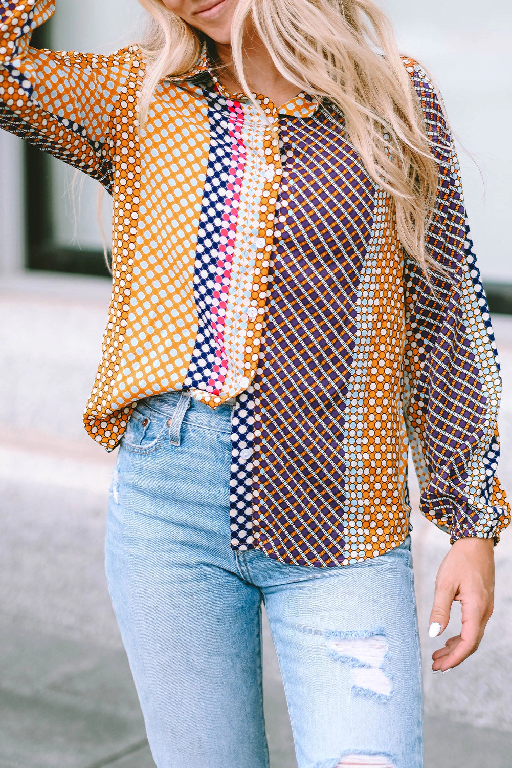 Threaded Pear Women's Brown Dot Print Long Sleeve Button Down Shift PLUS Shirt