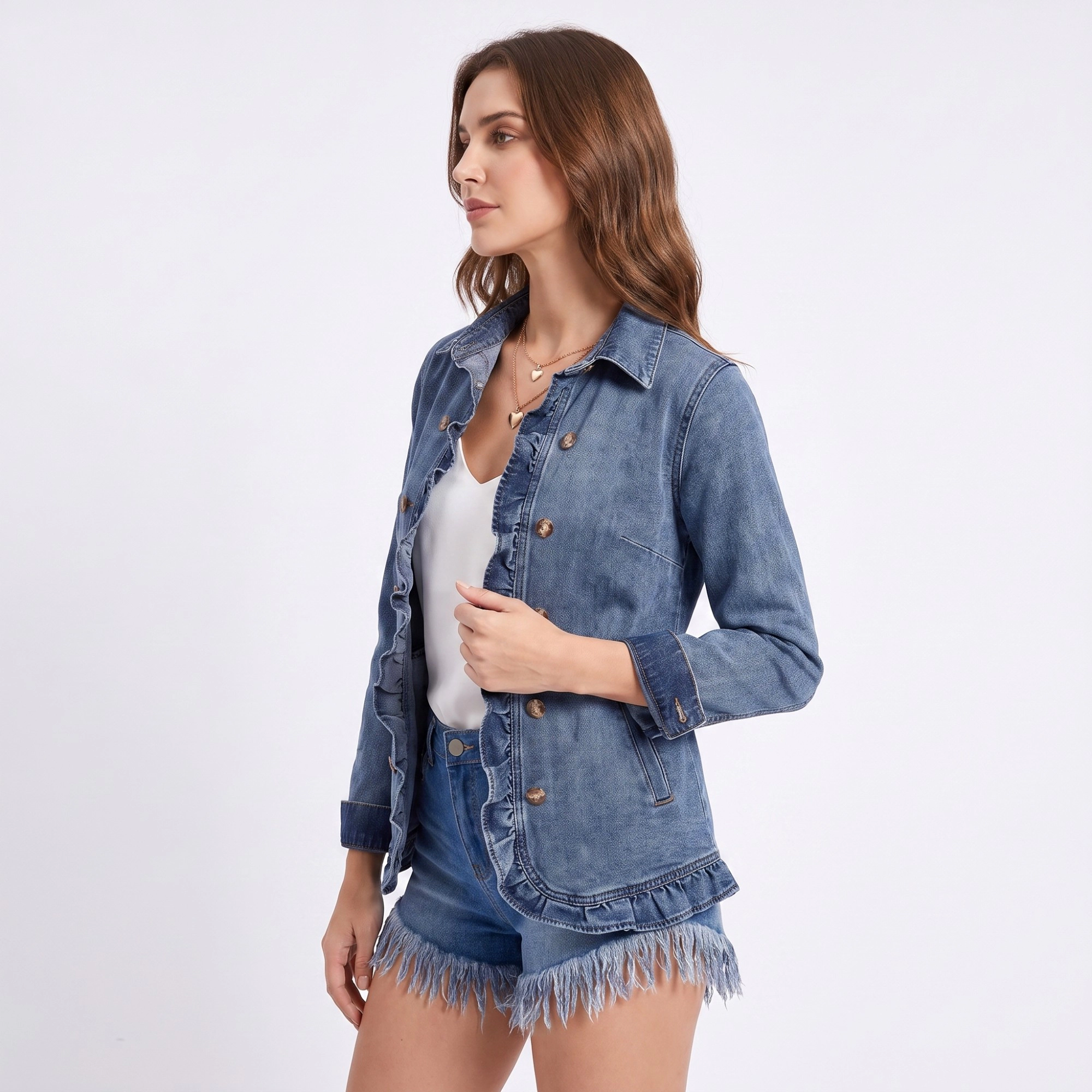 Anna-Kaci Women's Ruffle Trim Denim Jacket Long Sleeve Button Front Jean Blazer