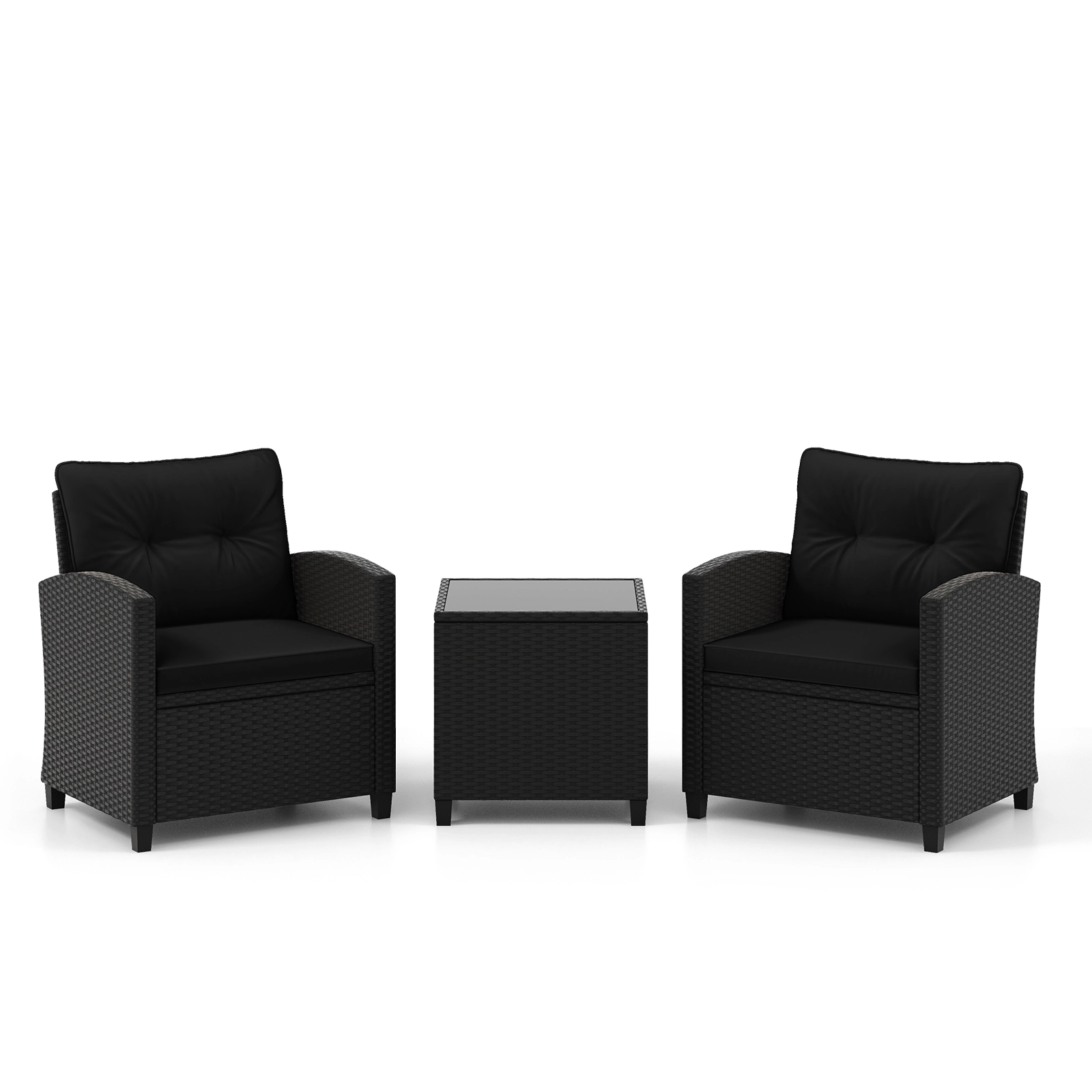 SUGIFT 3-Piece Black PE Rattan Patio Conversation Set with Cushions and Tempered Glass Table
