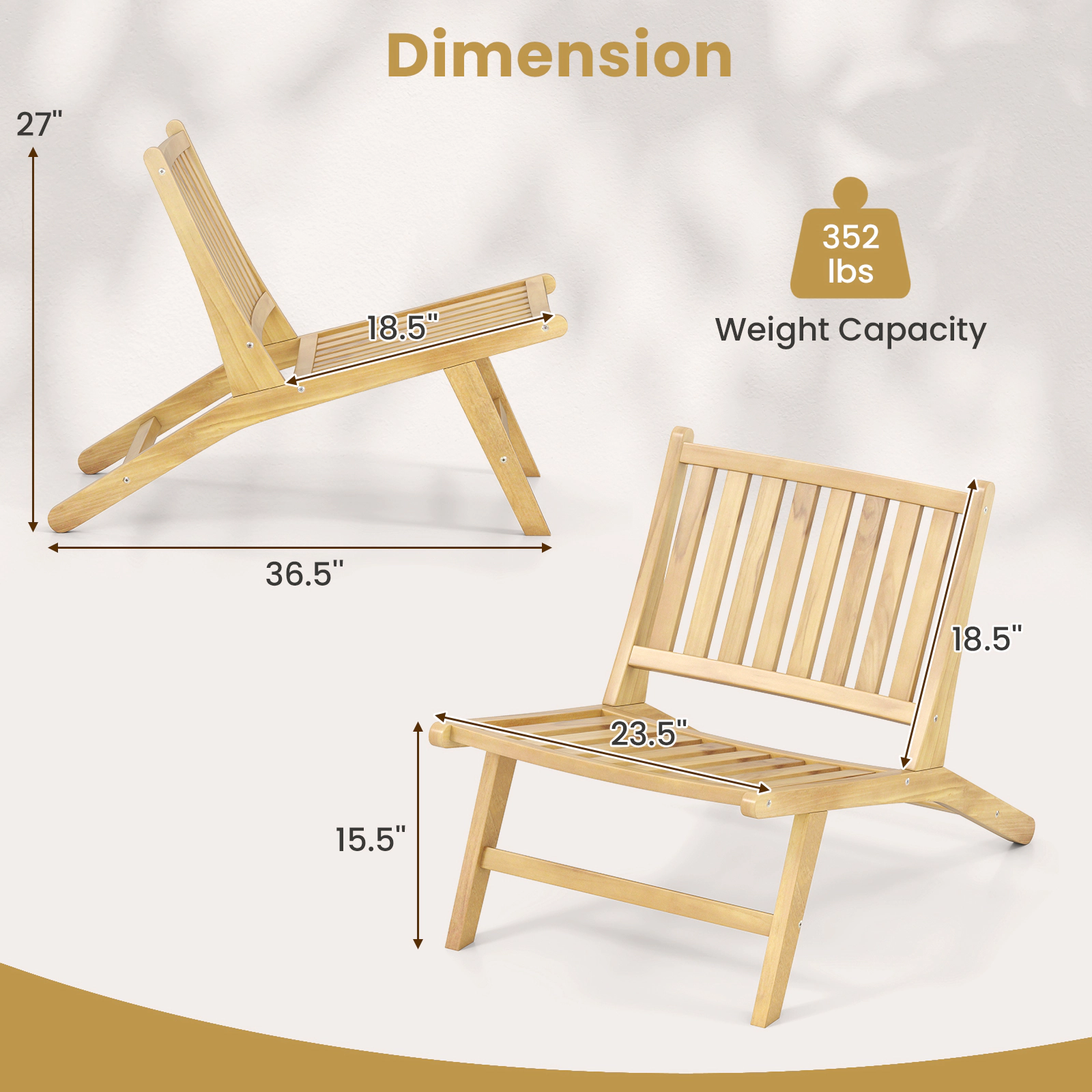 SUGIFT Natural Teak Wood Reclining Outdoor Lounge Chair, Mid-Century, 352 lb Capacity