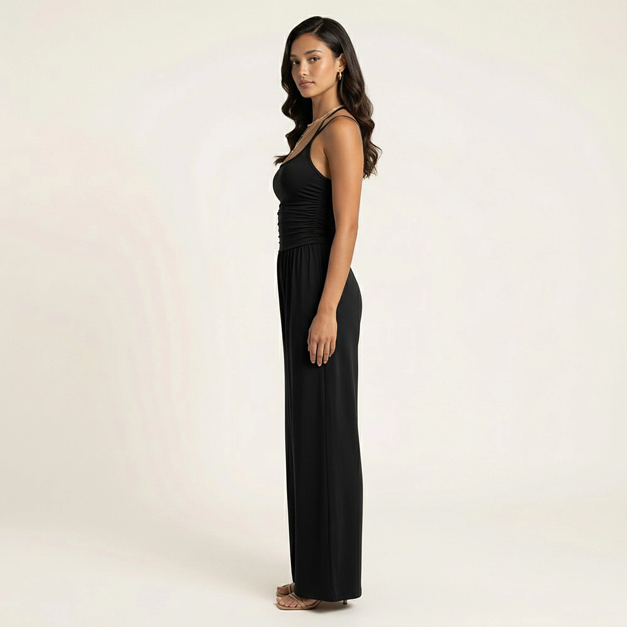 Anna-Kaci Womens Sleeveless Scoop Neck Wide Leg Jumpsuit with Ruched Bodice