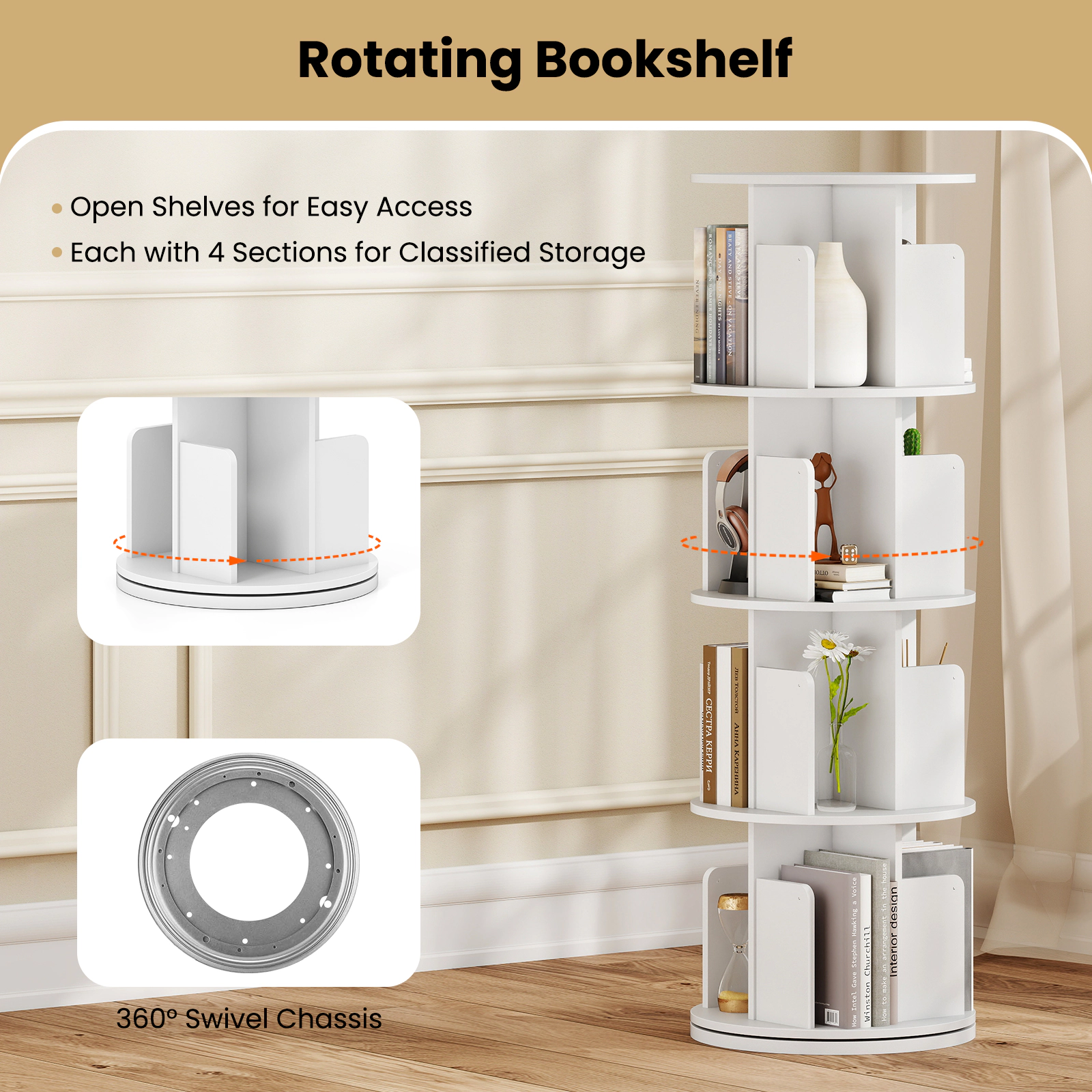 SUGIFT 4-Tier Rotating Bookshelf 50.5-in Tall 190-lb Capacity 360° Display Rack Dividers & Anti-falling Baffles White