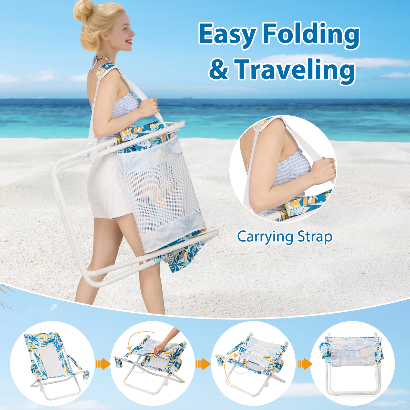 SUGIFT Set of 2 Blue Low Folding Beach Sling Chairs, 330 lb Capacity