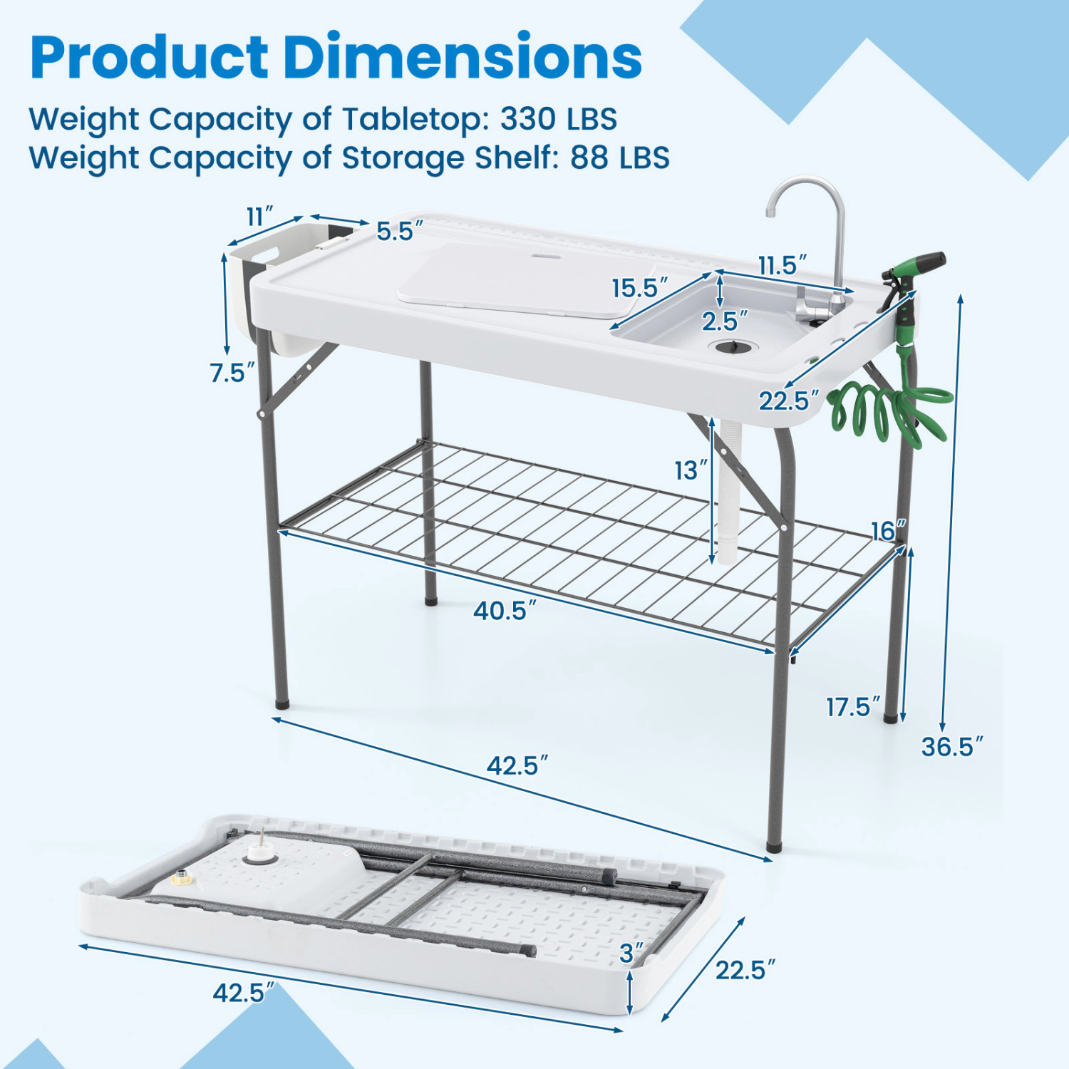 LJG 2 in 1 Folding Fish Cleaning Table with Sink and Faucet for Patio BBQ
