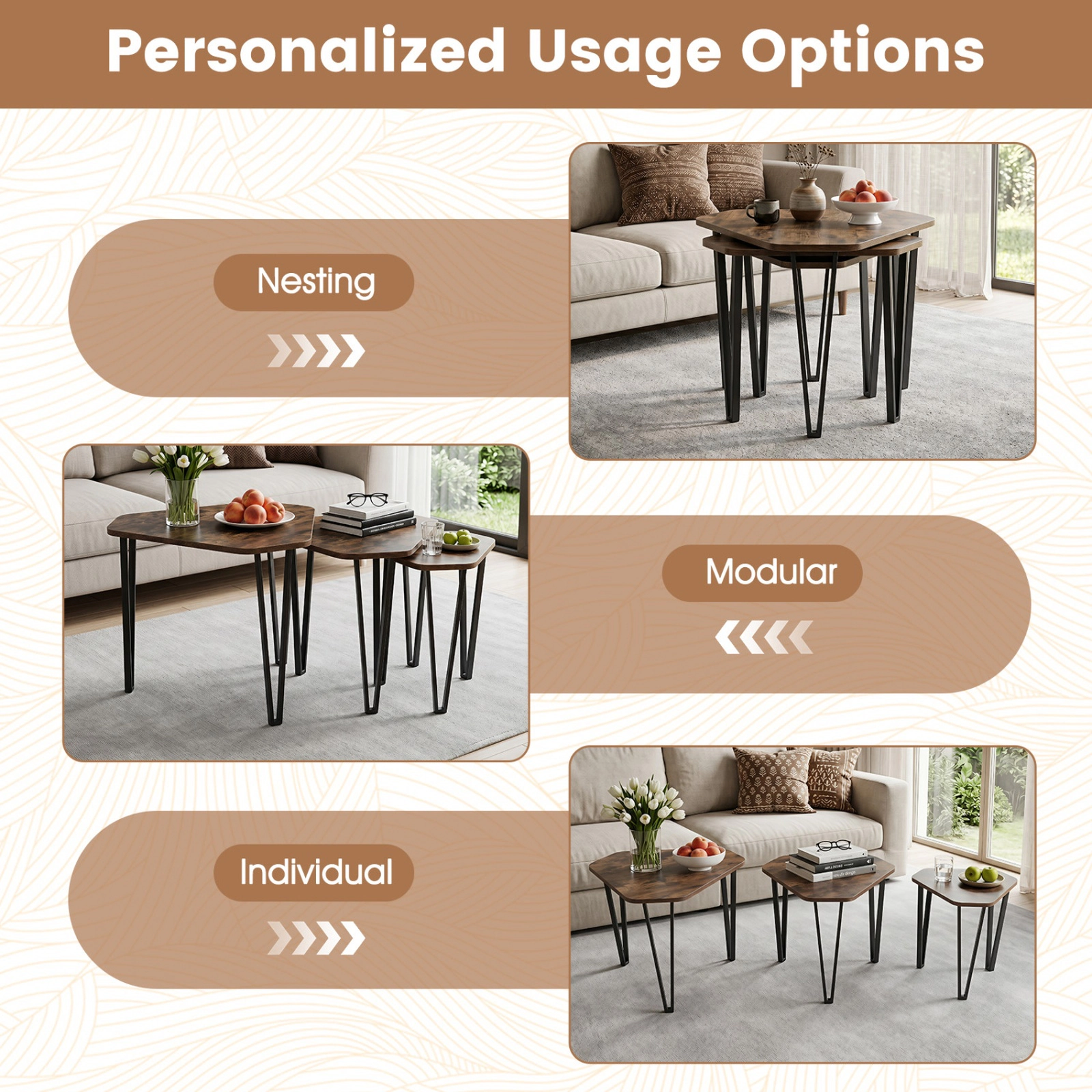 SUGIFT Set of 3 Nesting Engineered Wood Top Metal Legs Coffee Tables 23-in x 21-in x 18-in 44-lb Capacity Rustic Brown