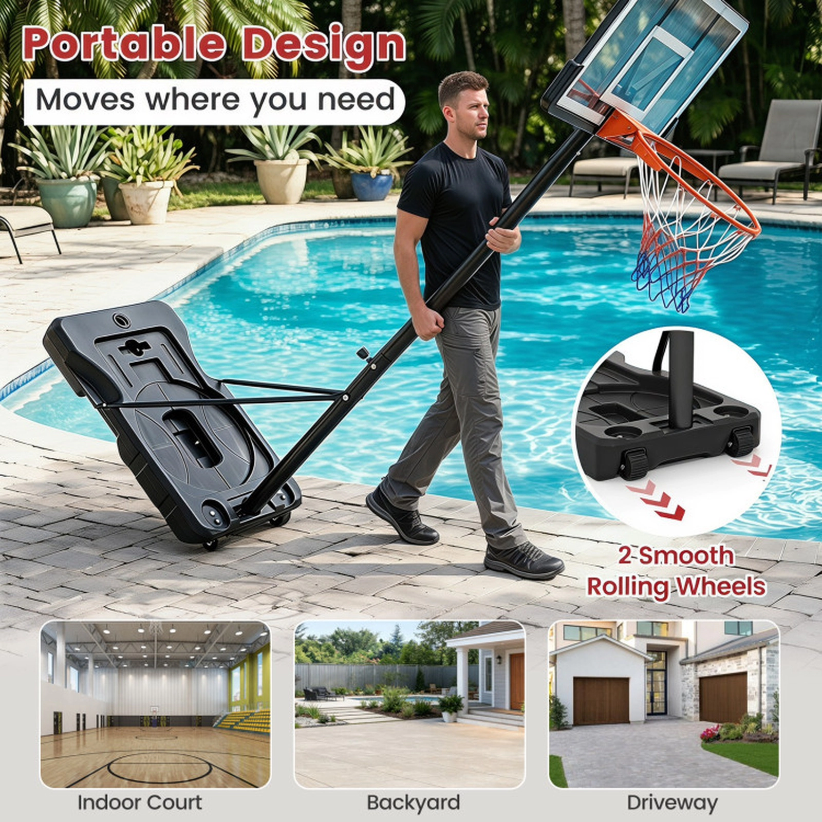 SUGIFT 18-Level Adjustable Portable Basketball Hoop 3.3-10 ft with Fillable Base and Wheels Black & White