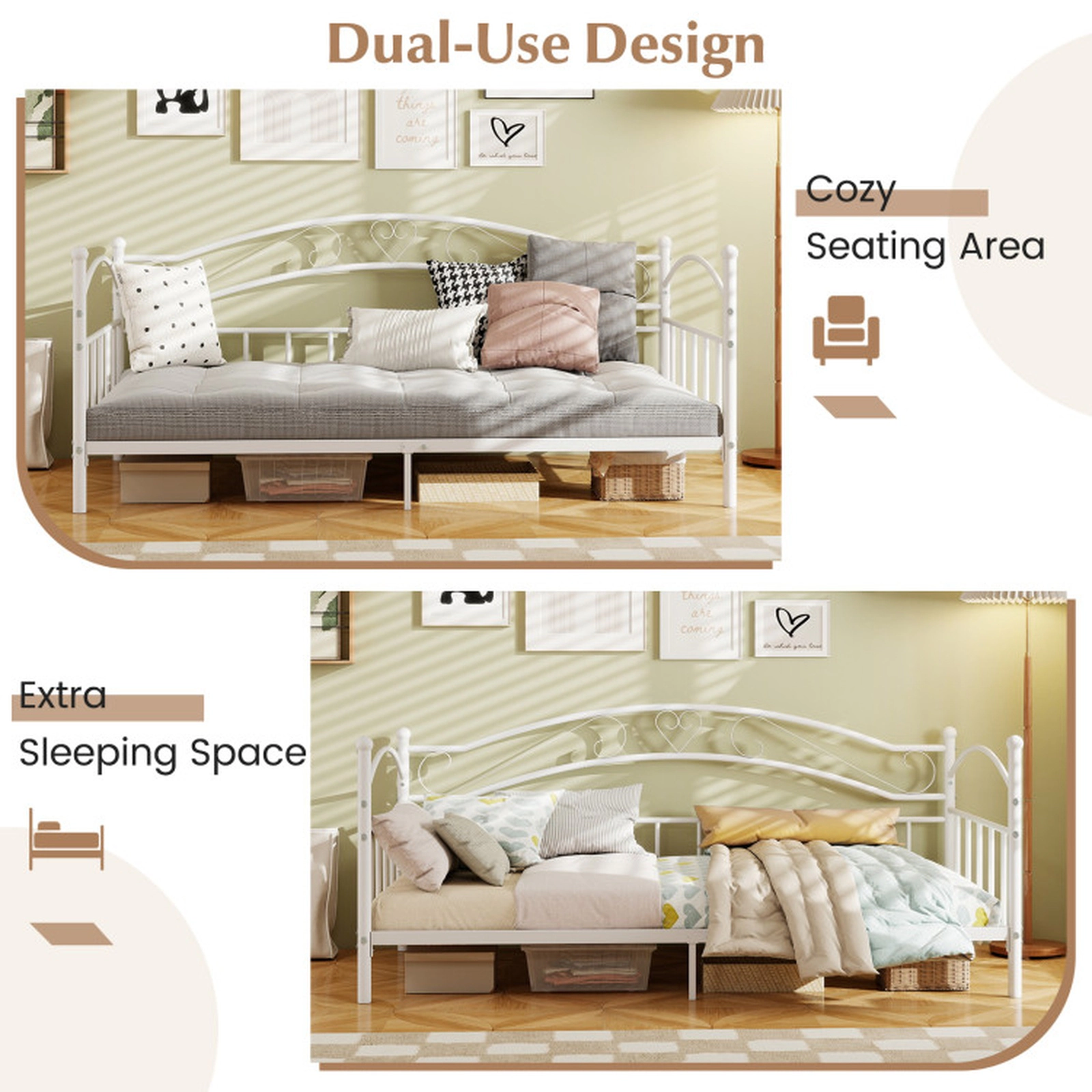 SUGIFT Twin Size Scrollwork Headboard 12 Slats Metal Daybed Frame 78-in x 41.5-in x 34.5-in 485-lb Capacity White