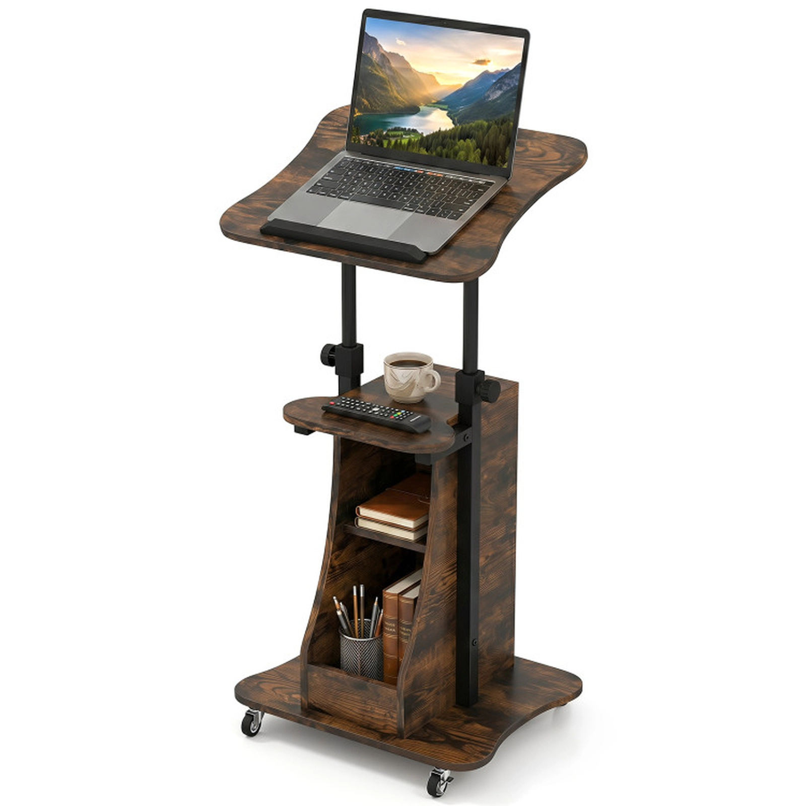 SUGIFT Tilting Top Storage Rolling Podium Standing Desk 20-in x 16-in 28.5-in to 44-in 200-lb Capacity Rustic Brown